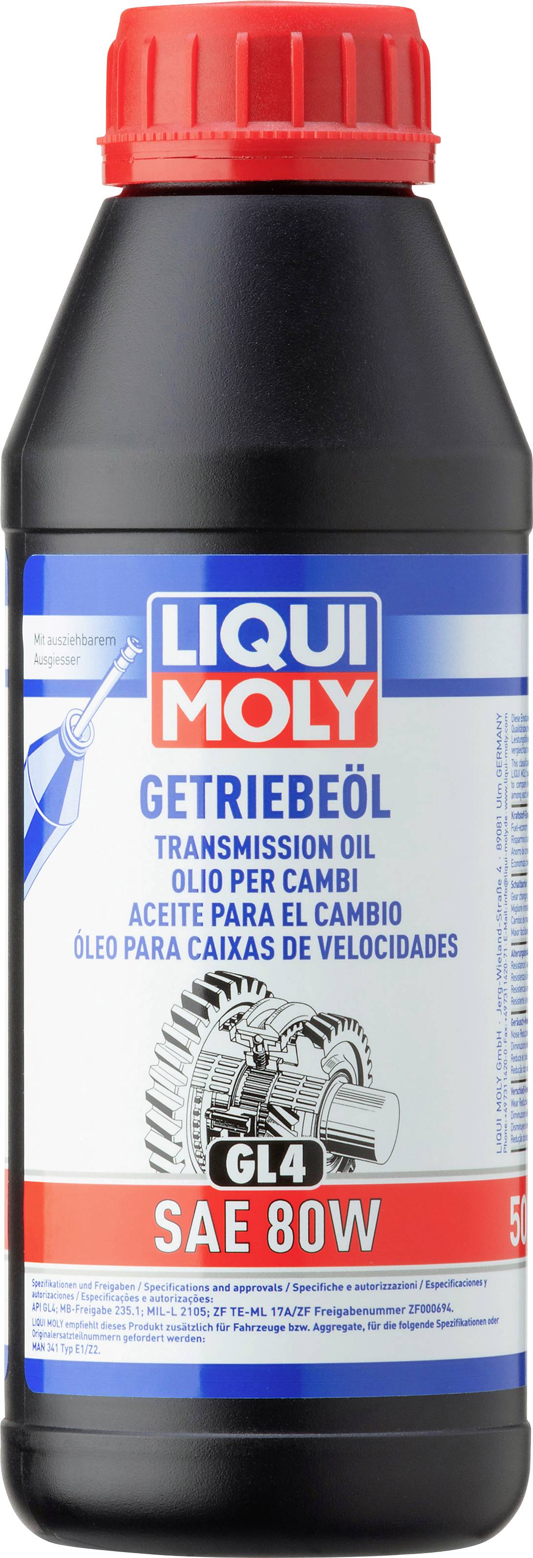 Flasche Liqui Moly Getriebeöl SAE 80W. Geeignet für Schaltgetriebe. Schriftzüge in mehreren Sprachen.