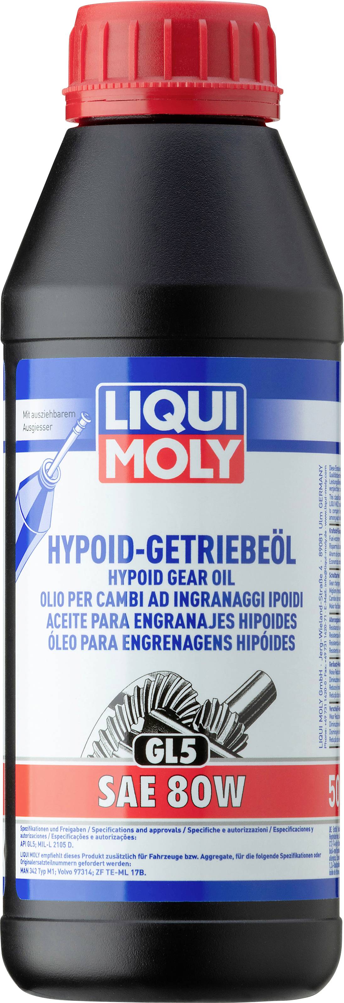 Eine Flasche Liqui Moly Hypoid-Getriebeöl, SAE 80W, für hohe Anforderungen an Getriebeschmierung, mit multilingualer Etikettenbeschriftung.