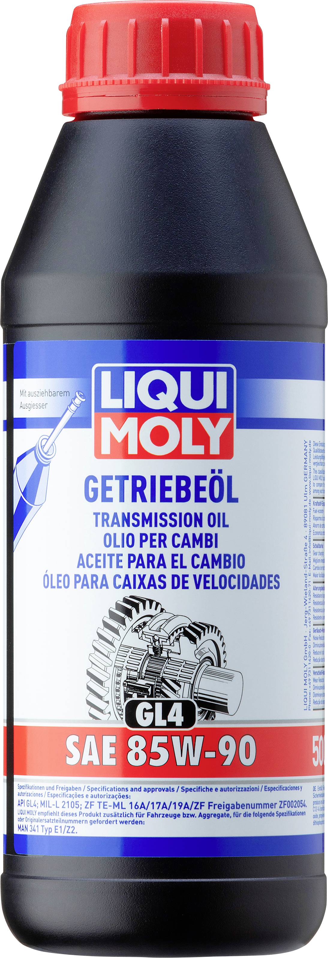 Schwarze Flasche mit rotem Verschluss von Liqui Moly. Etikett informiert über Getriebeöl SAE 85W-90 GL4 für verschiedene Fahrzeugtypen.