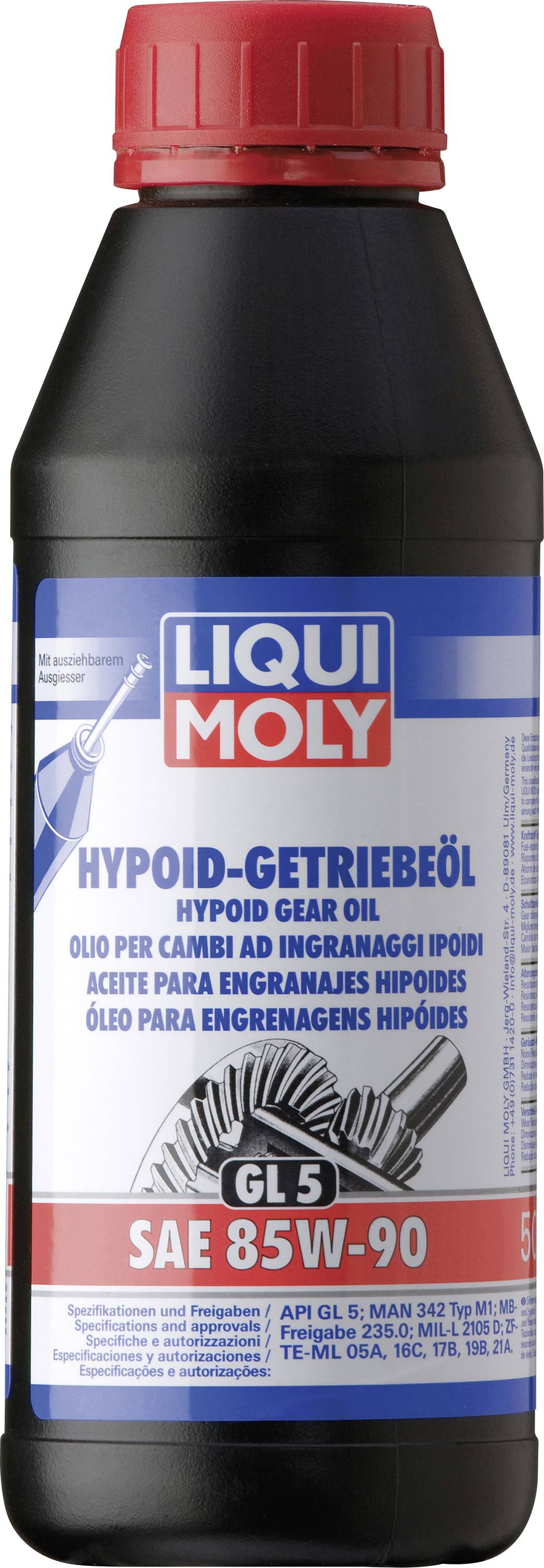 Eine schwarze Flasche Liqui Moly Hypoid-Getriebeöl SAE 85W-90, geeignet für Hypoid-Zahnräder, mit mehrsprachiger Beschriftung.