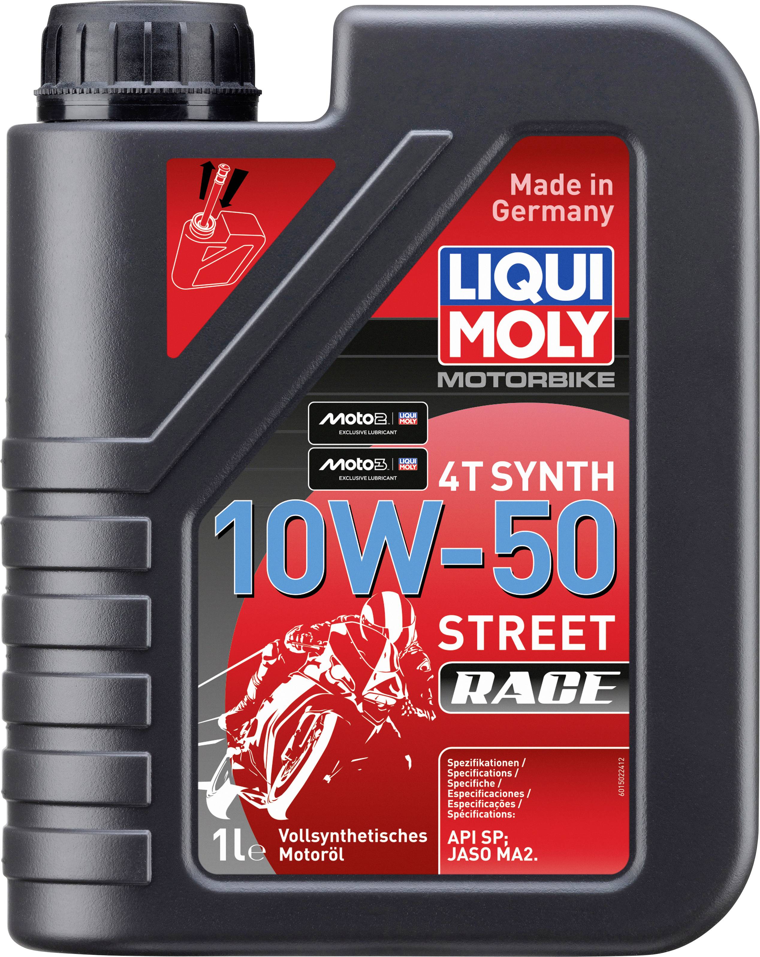 Kunststoffkanister mit Motoröl von LIQUI MOLY, '10W-50', speziell für Motorräder, 1 Liter. Hergestellt in Deutschland.