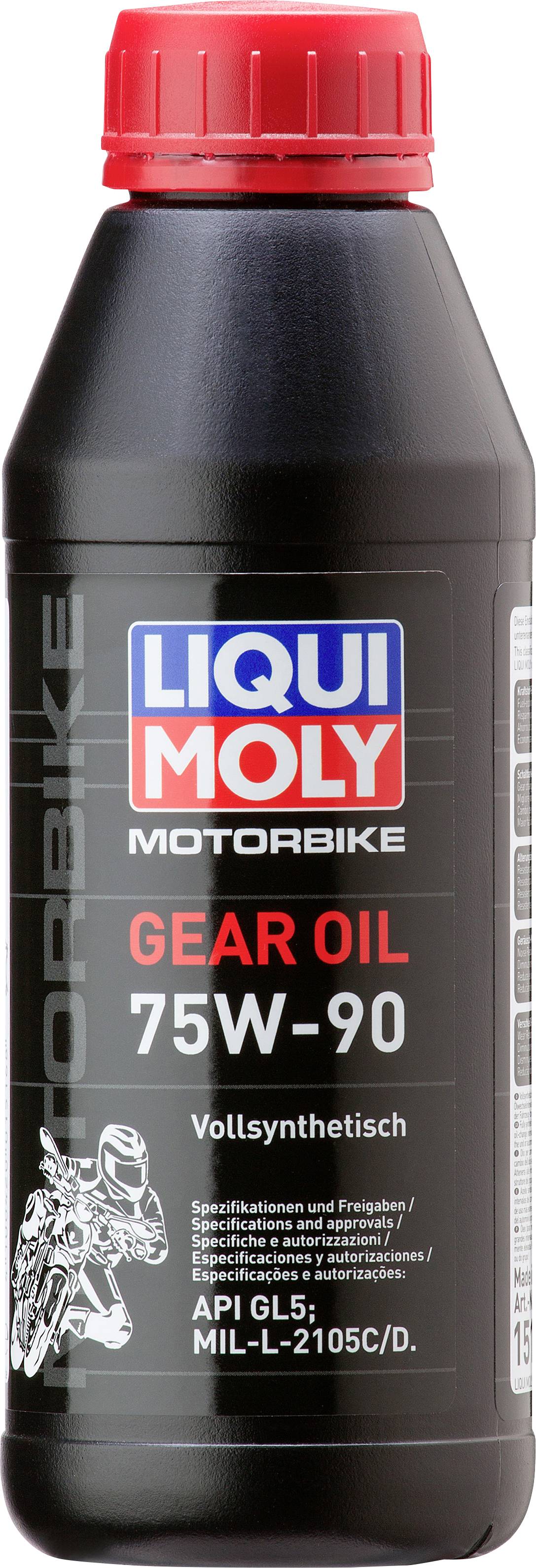 'LIQUI MOLY MOTORBIKE GEAR OIL 75W-90', vollsynthetisches Getriebeöl für Motorräder, API GL5; MIL-L-2105C/D, schwarze Flasche.