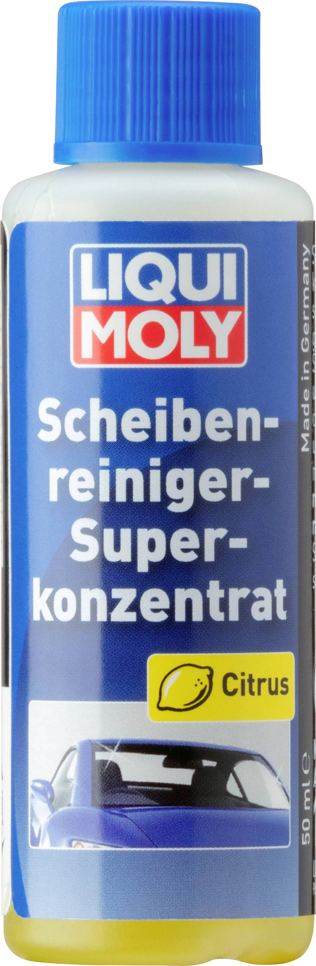Flasche mit 'LIQUI MOLY Scheibenreiniger-Superkonzentrat' und Zitronen-Symbol. Dient zur Reinigung von Autoscheiben.
