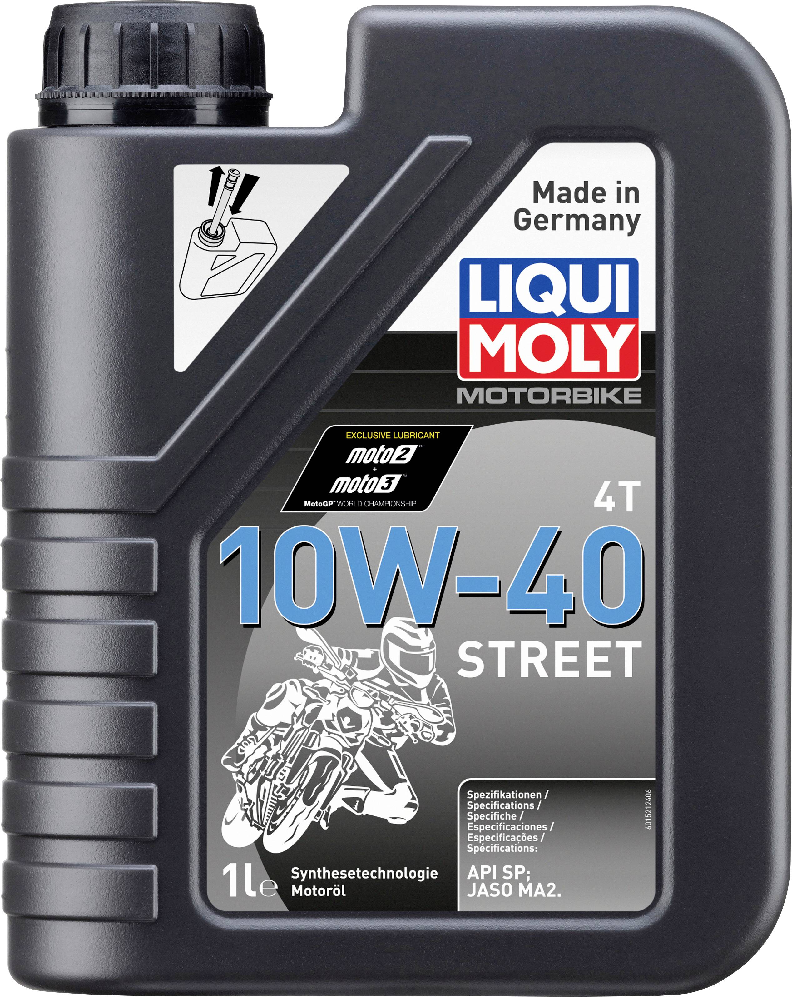 Ölkanister mit der Aufschrift '10W-40 STREET', Motorradabbildung, Marke Liqui Moly, 1 Liter, für Motorradmotoren, hergestellt in Deutschland.