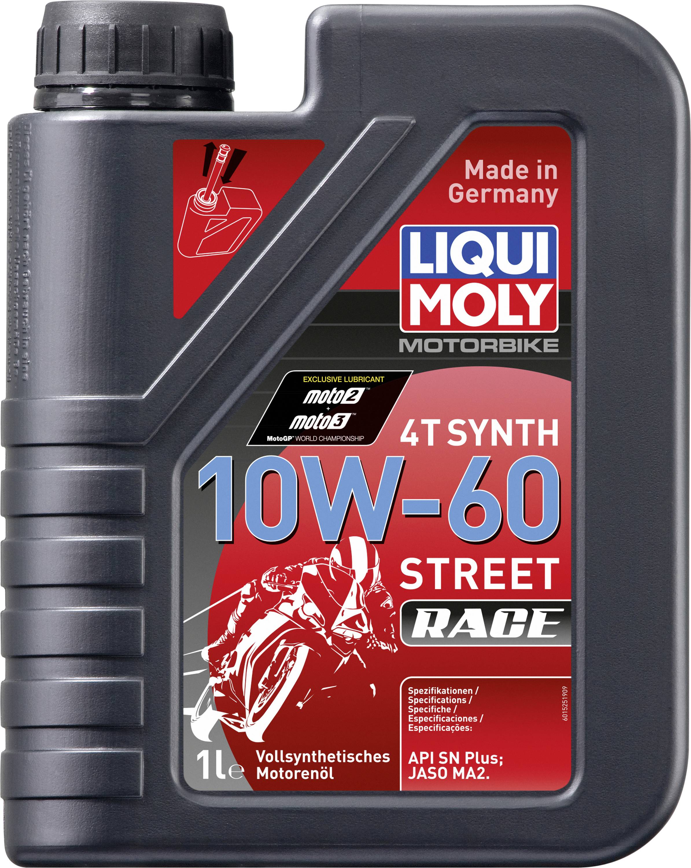 Motorölbehälter mit Aufdruck 'LIQUI MOLY 10W-60 4T SYNTH STREET RACE'. Hergestellt in Deutschland, 1 Liter, vollsynthetisches Motoröl.