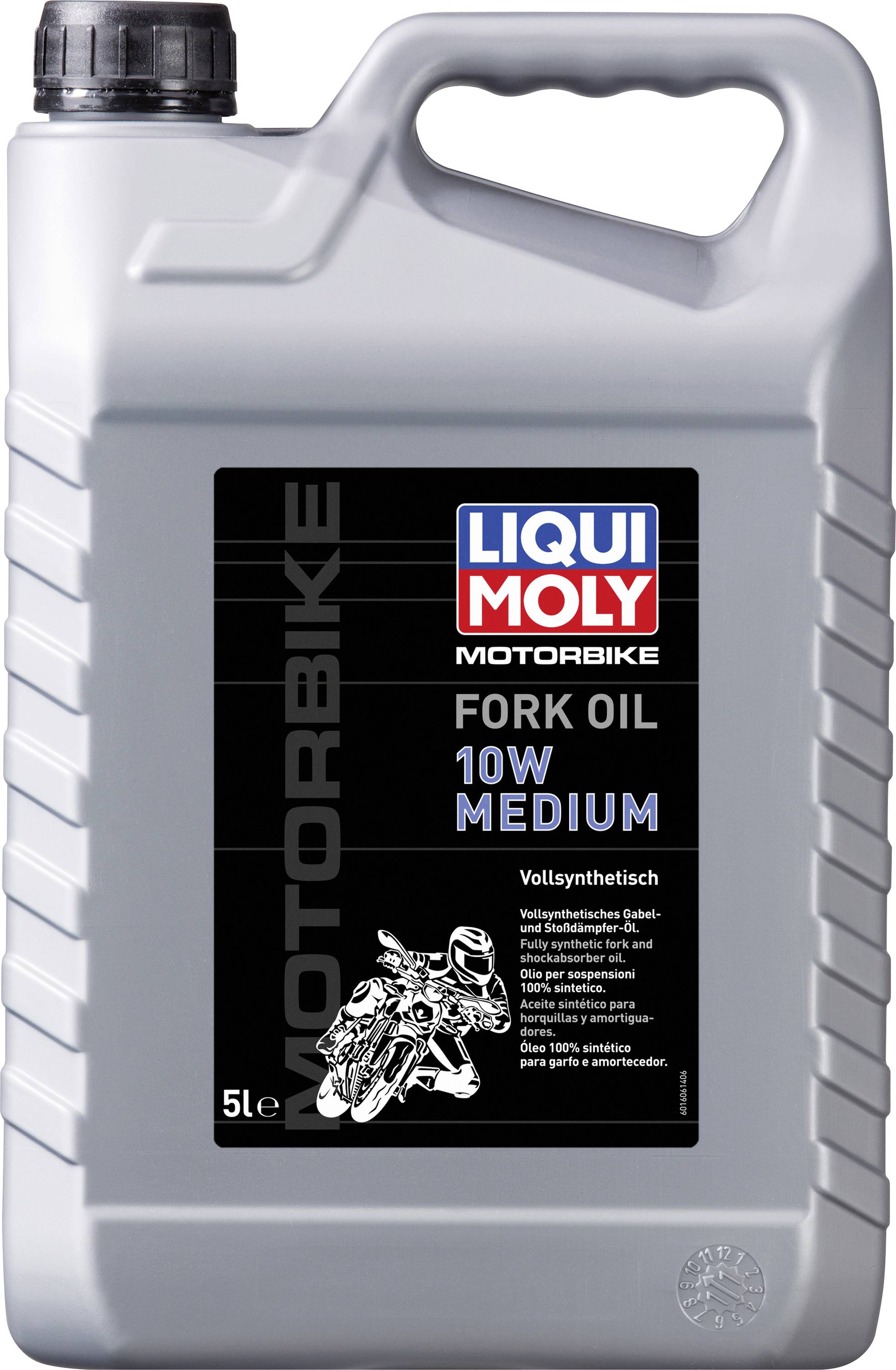 Kunststoffkanister mit 5 Litern Gabelöl für Motorräder. Marke: Liqui Moly. Produkt: 'Fork Oil 10W Medium'. Ansichten eines Motorrads auf dem Etikett.