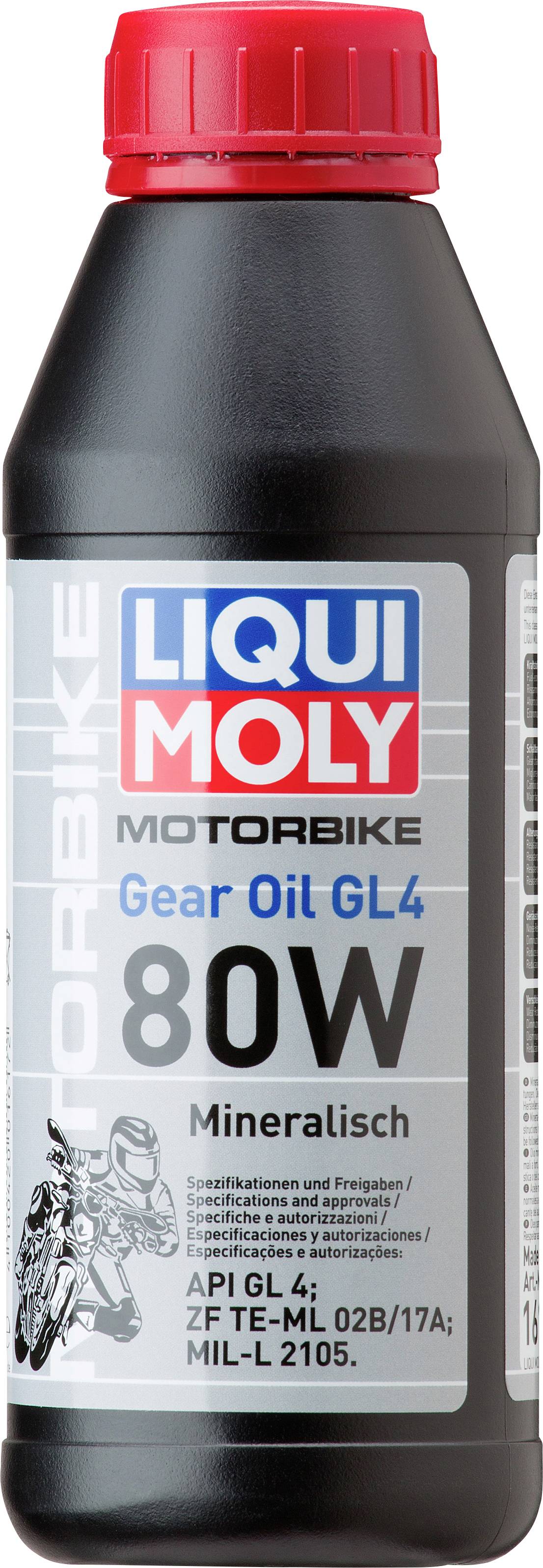 Eine schwarze Flasche Liqui Moly Motorbike Getriebeöl GL4 80W, für Motorräder geeignet, mineralisch, mit Sicherheitsverschluss.