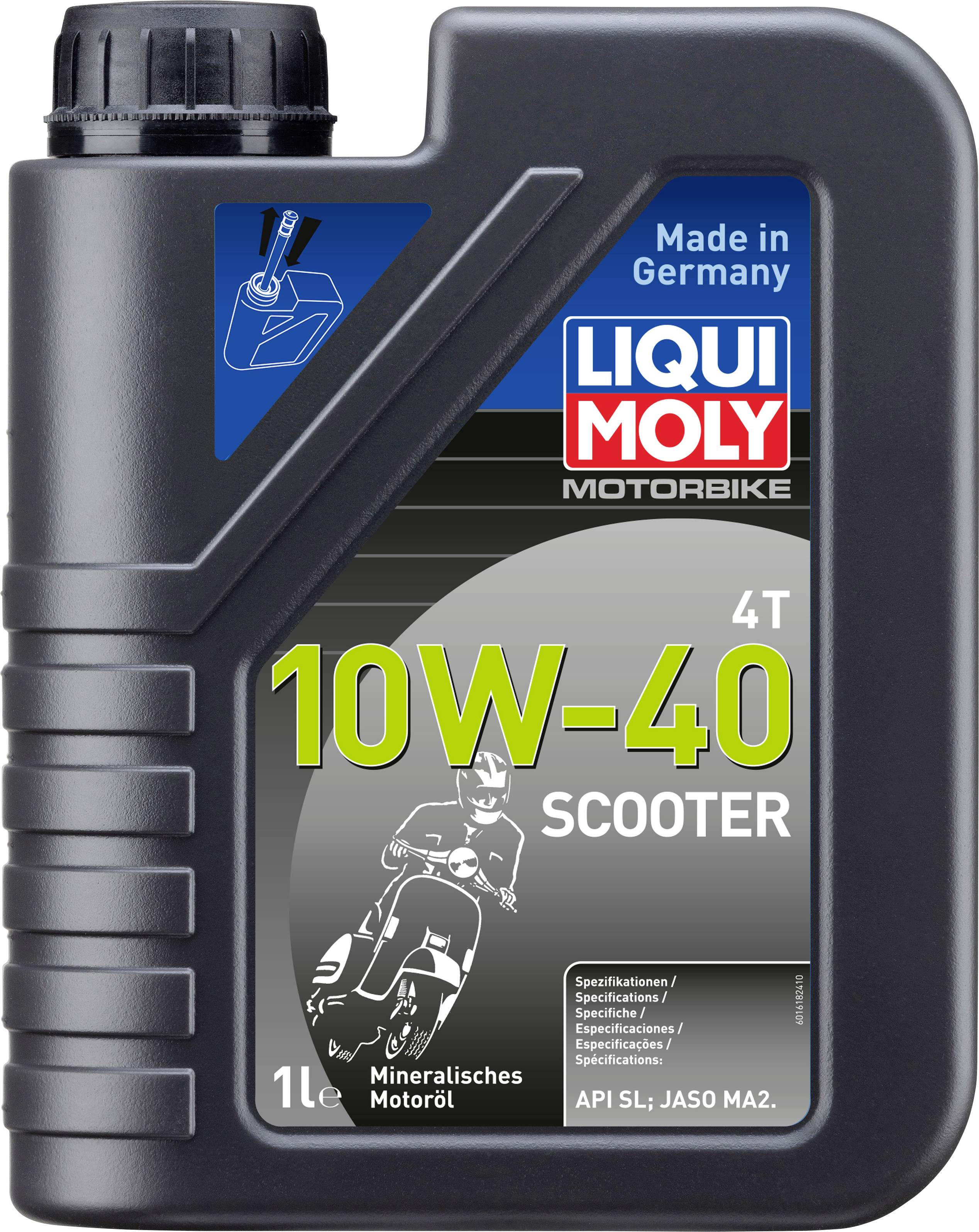 Ein Kanister Motorradmotoröl mit der Aufschrift '10W-40 Scooter, mineralisches Motoröl'. Markenname und Herkunftsland sind abgebildet.