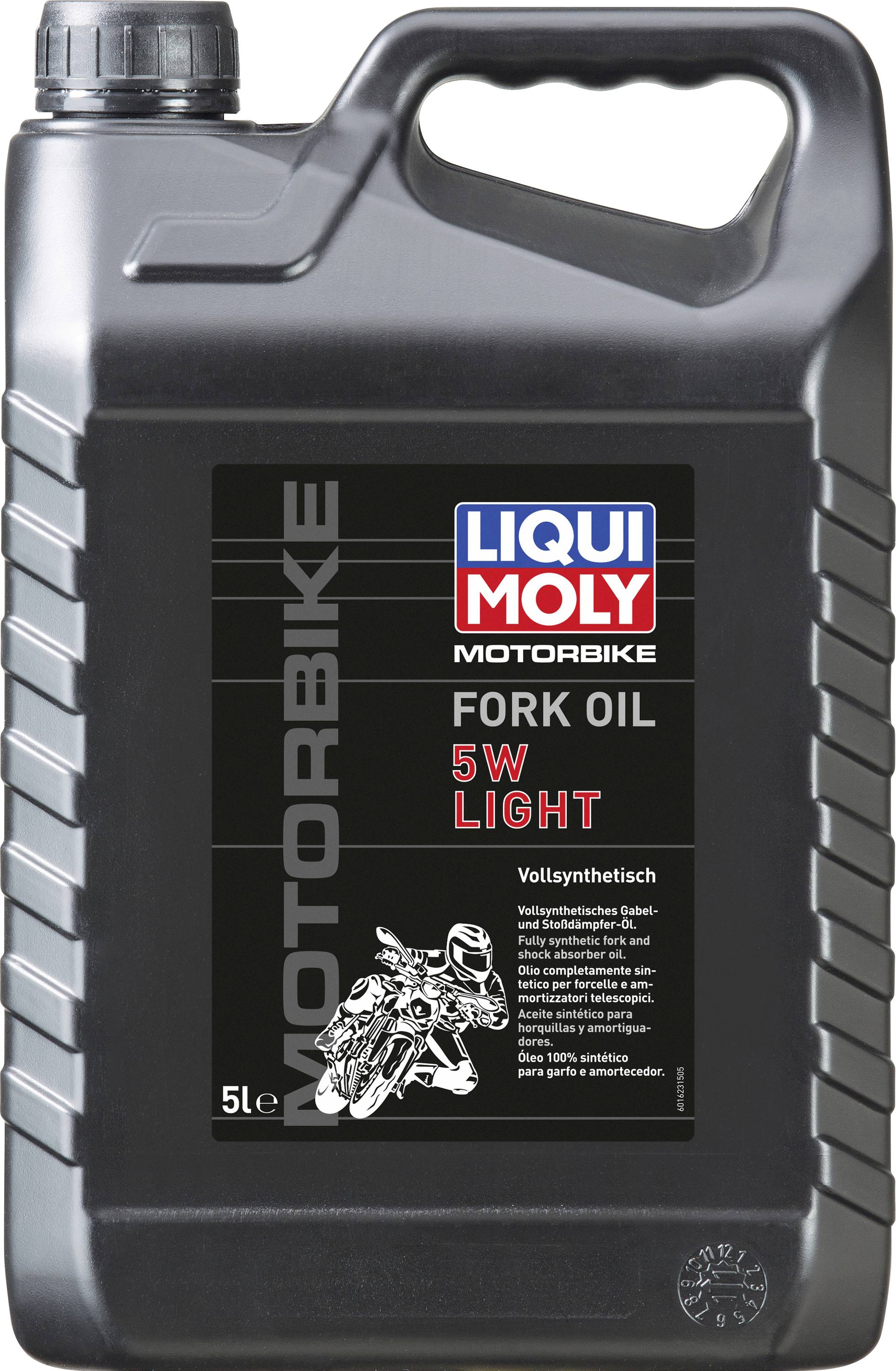 Schwarzer 5-Liter-Kanister mit 'Liqui Moly Motorbike Fork Oil 5W Light' Etikett; vollsynthetisches Gabelöl, speziell für Motorräder.