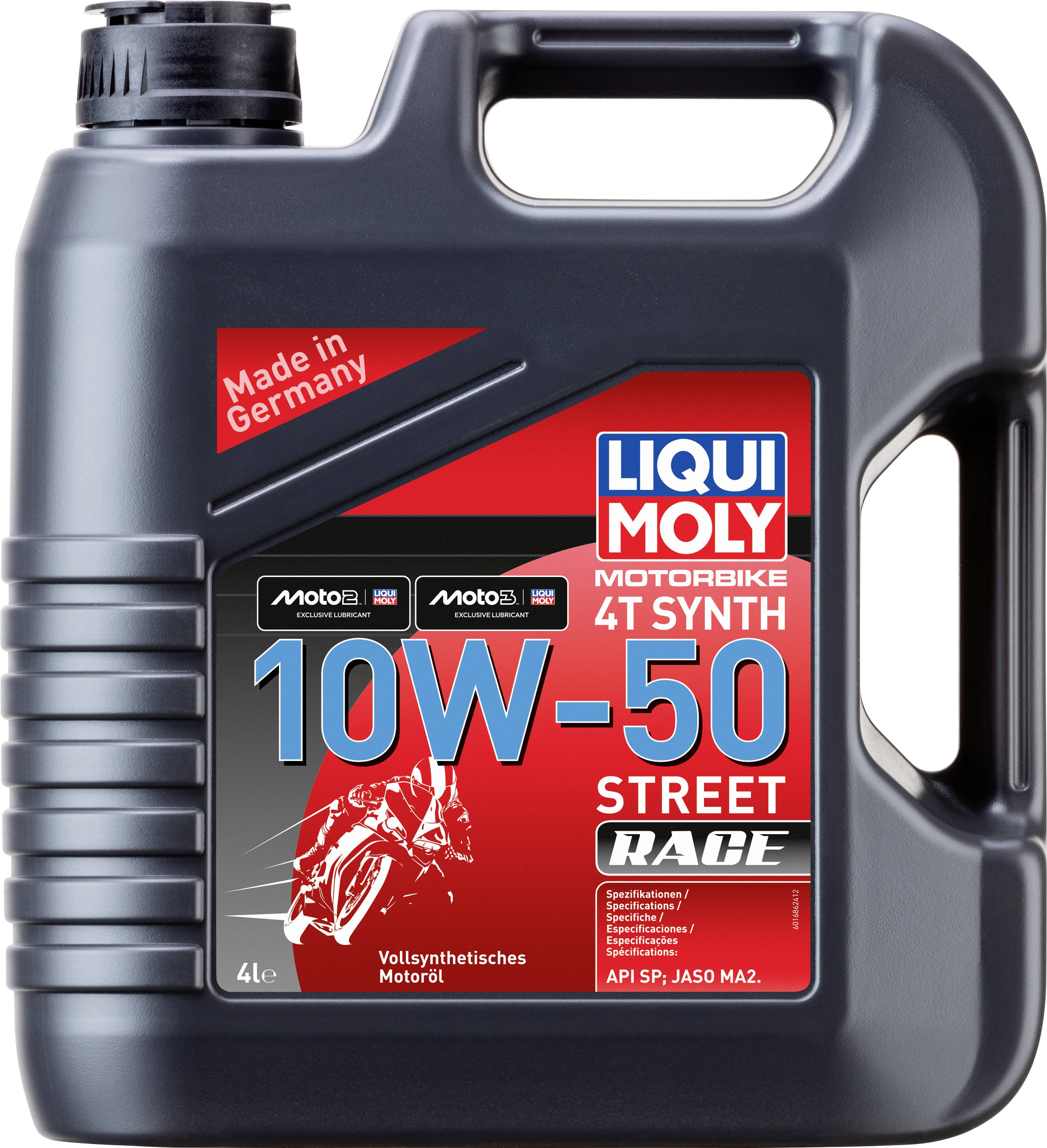 Kunststoffkanister mit 'Liqui Moly Motorbike 4T Synth 10W-50 Street Race' Motoröl. Enthält 4 Liter. Hergestellt in Deutschland.