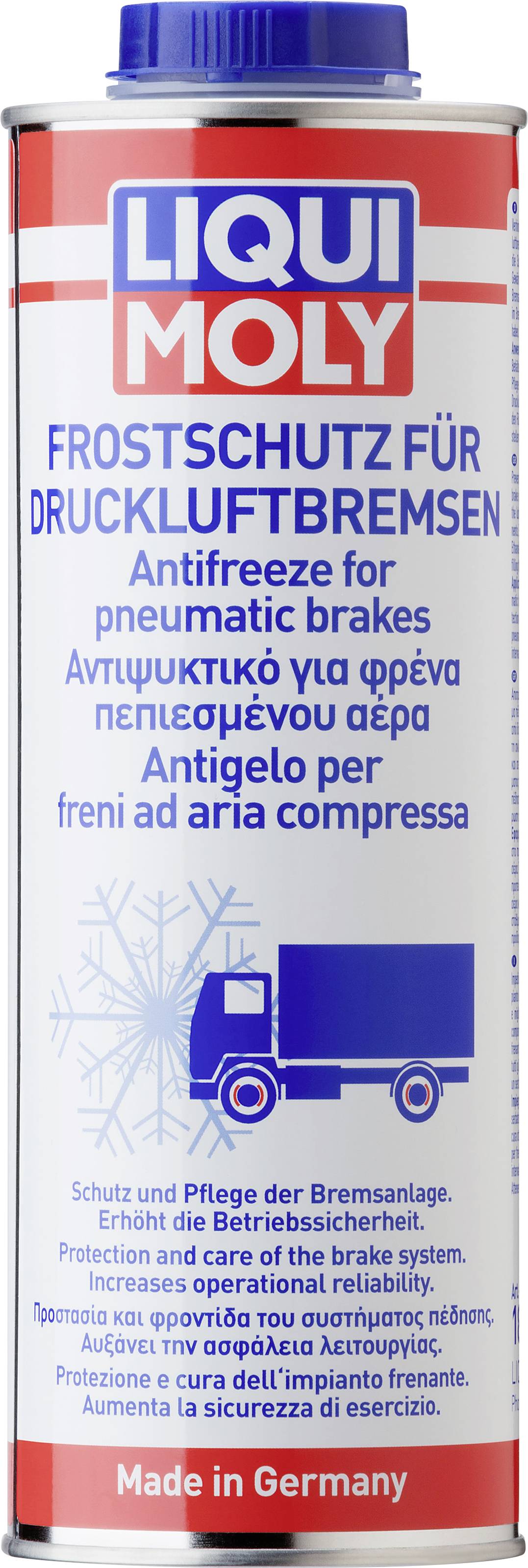 'LIQUI MOLY Frostschutz für Druckluftbremsen' auf Metaldose. Antifreeze für pneumatische Bremsen, mit Bild eines blauen LKWs.