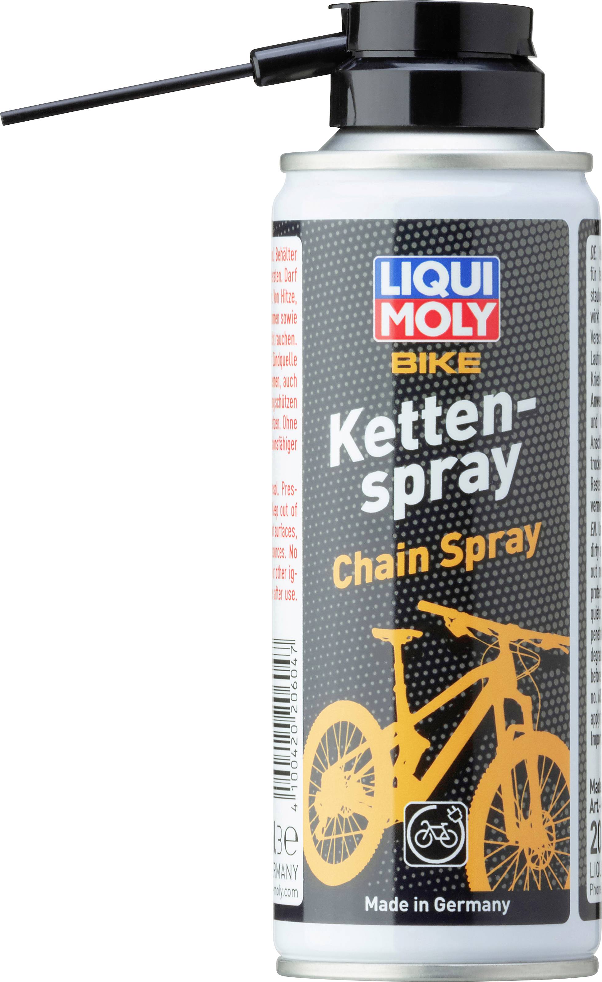 Spraydose 'LIQUI MOLY BIKE Kettenspray Chain Spray', schwarz-weiß-orange Design, Abbildung eines Fahrrads, hergestellt in Deutschland.