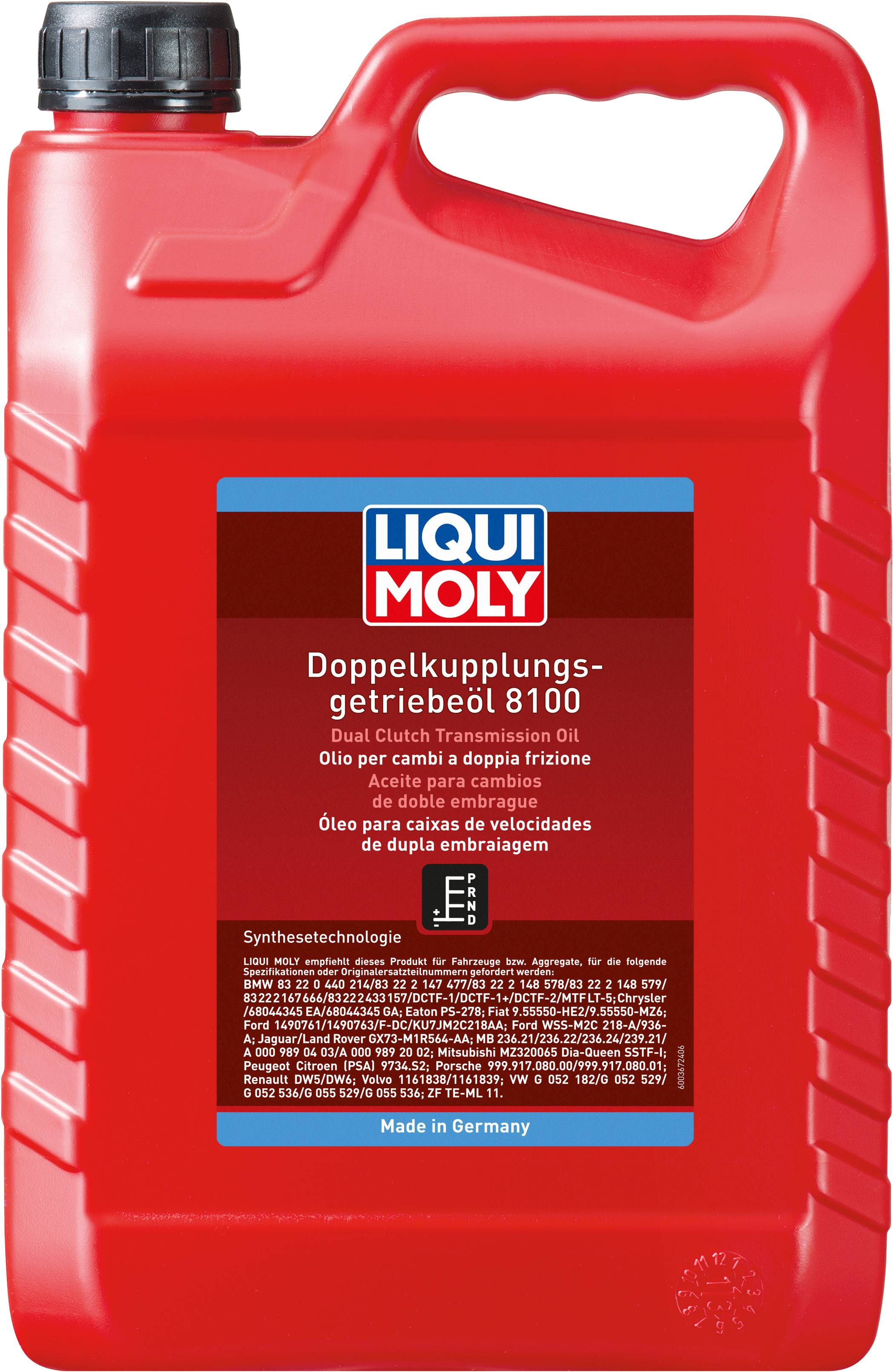 Roter Kanister mit schwarzem Schraubdeckel, darauf 'Liqui Moly Doppelkupplungsgetriebeöl 8100'. Enthält Getriebeöl für Autos.