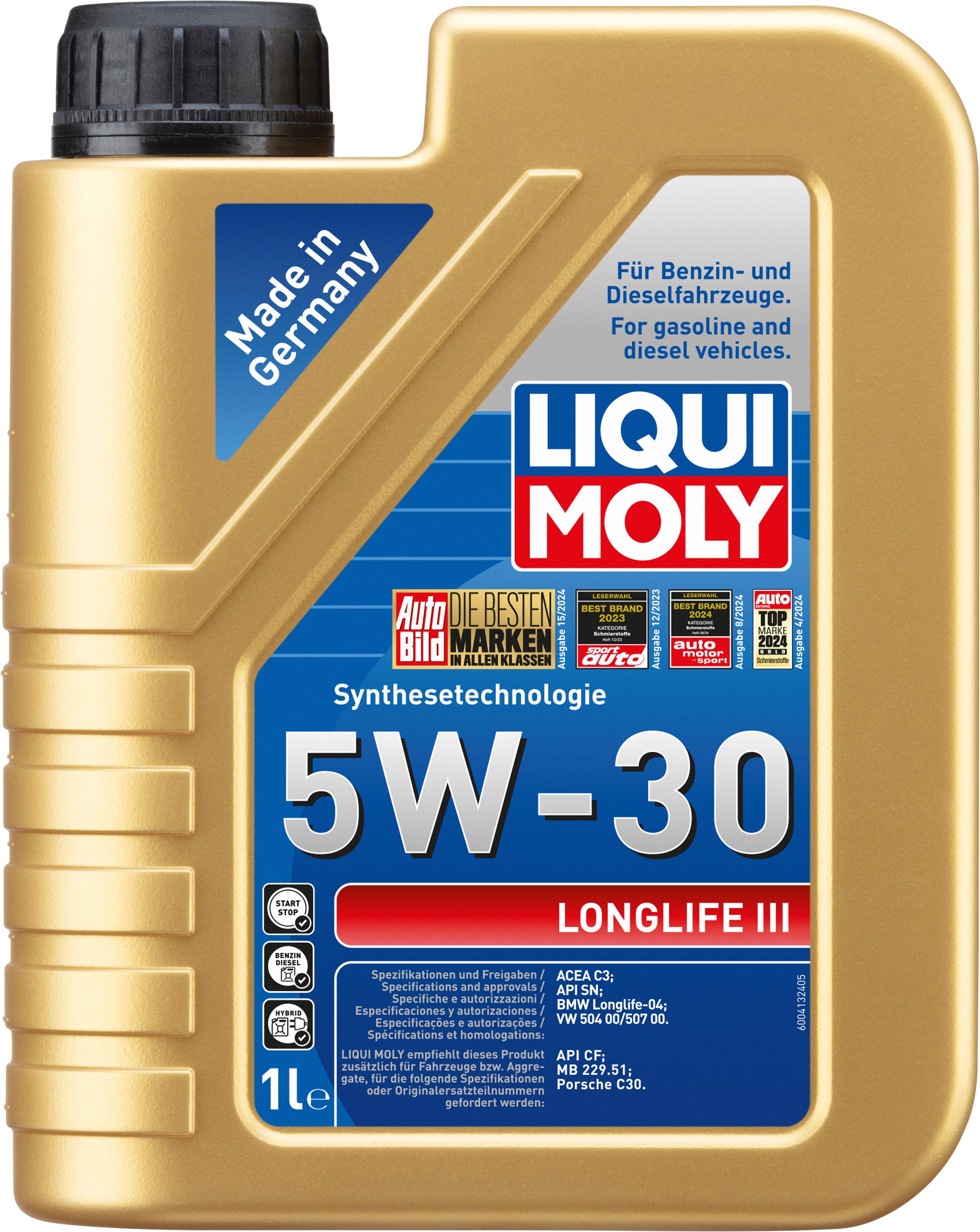 Kanister mit Motoröl 'LIQUI MOLY 5W-30', geeignet für Benzin- und Dieselfahrzeuge, enthält 1 Liter. Aufdruck 'Made in Germany'.