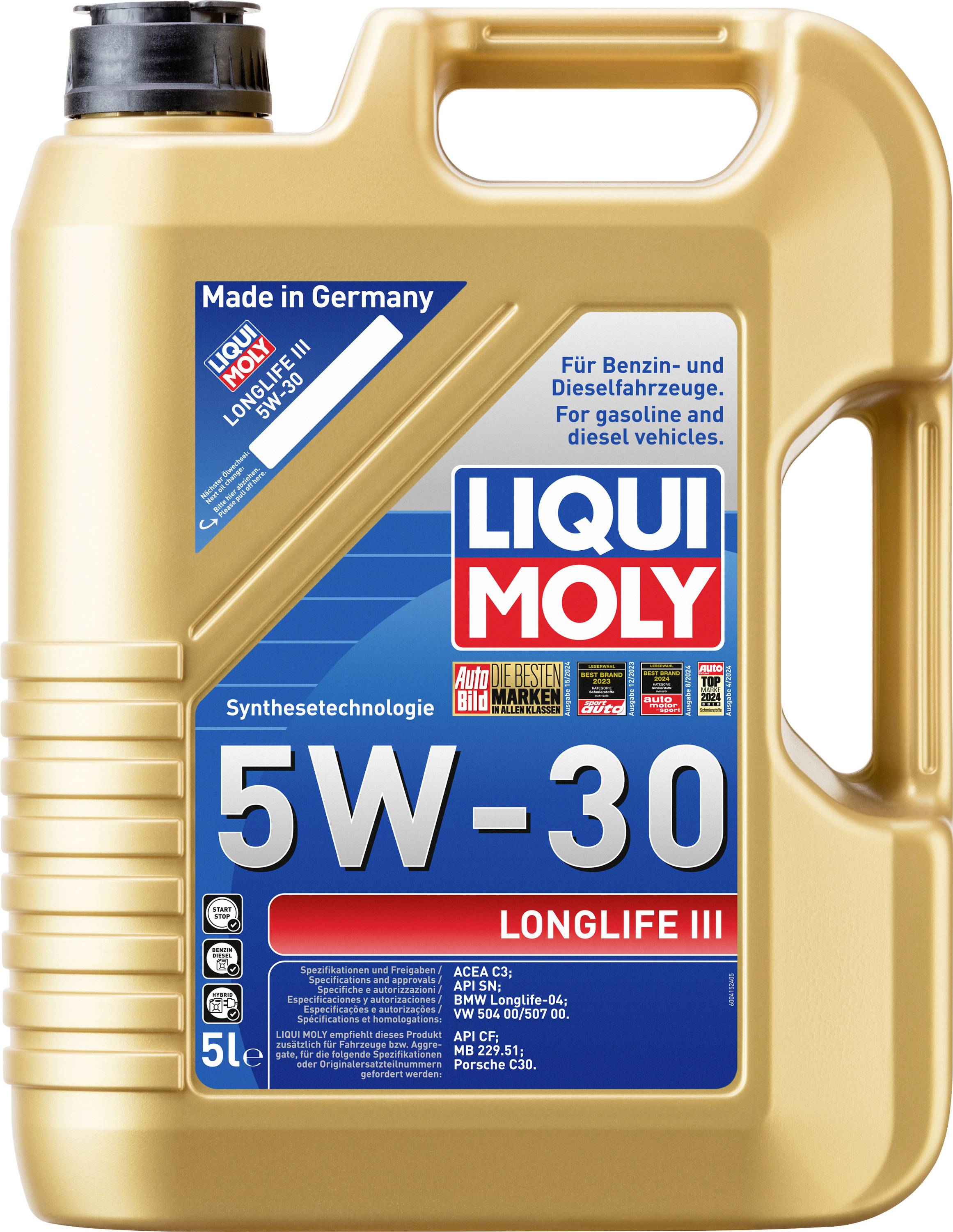 Kanister mit 5 Litern LIQUI MOLY 5W-30 Motoröl, geeignet für Benzin- und Dieselfahrzeuge. 'Made in Germany', mit Qualitätslogos.