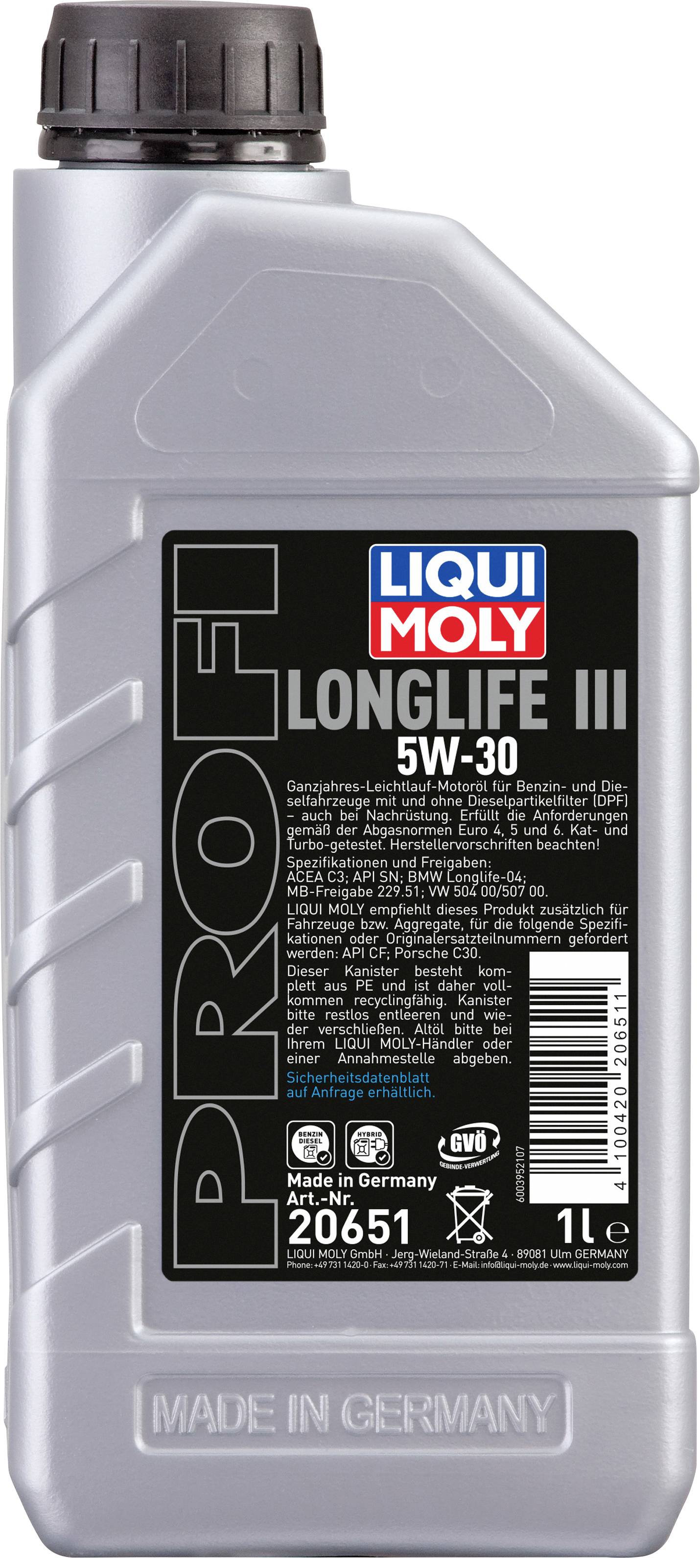 Eine graue 1-Liter-Ölflasche von Liqui Moly, gekennzeichnet mit 'Longlife III 5W-30', hergestellt in Deutschland.