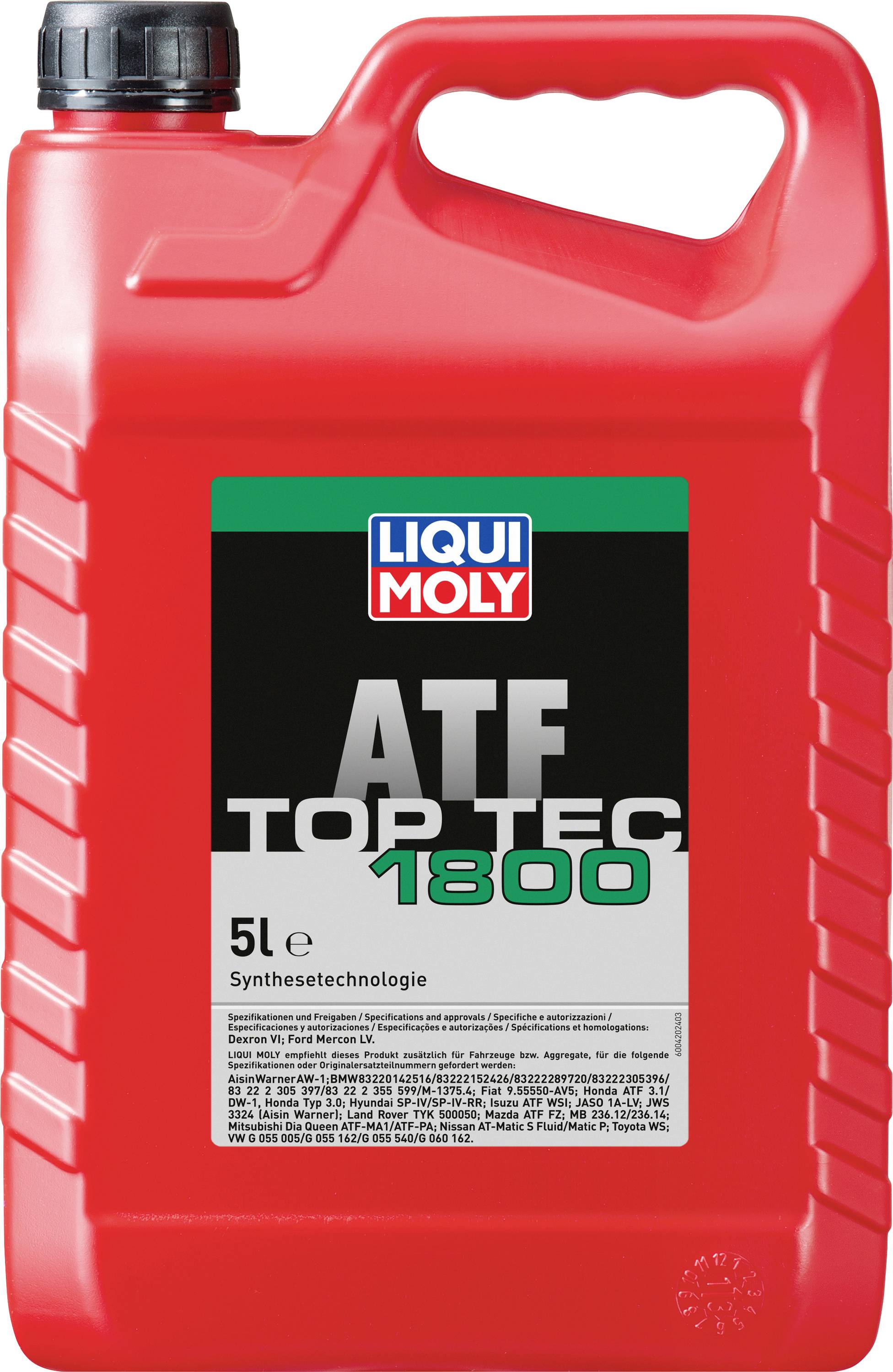Roter 5-Liter-Kanister von Liqui Moly, gekennzeichnet als 'ATF TOP TEC 1800'. Enthält synthetische Automatikgetriebeöle.