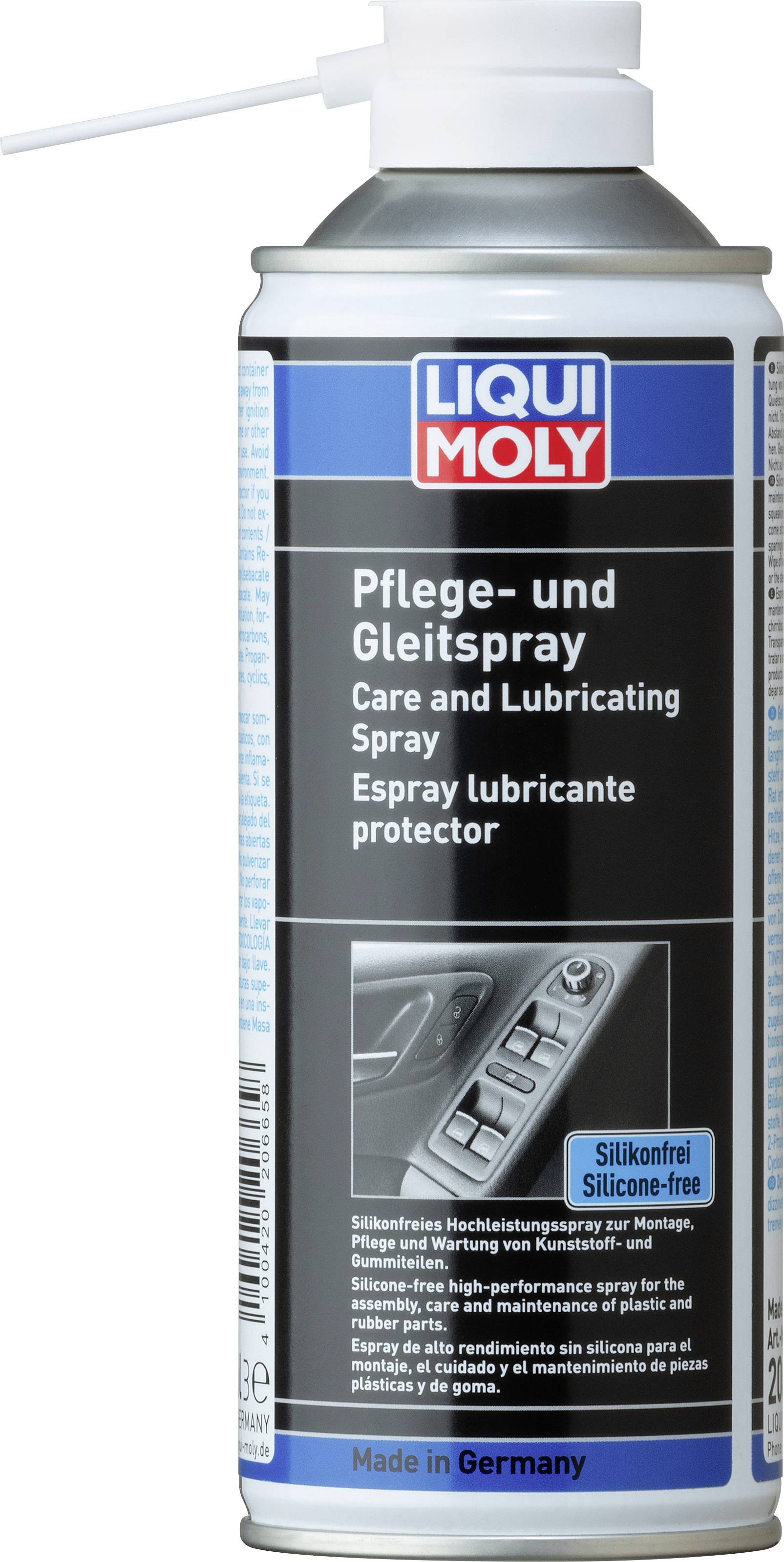 Sprühdose von 'LIQUI MOLY Pflege- und Gleitspray', aufrecht. Text in Deutsch, Englisch, Spanisch. Etikett zeigt Anwendungshinweis.