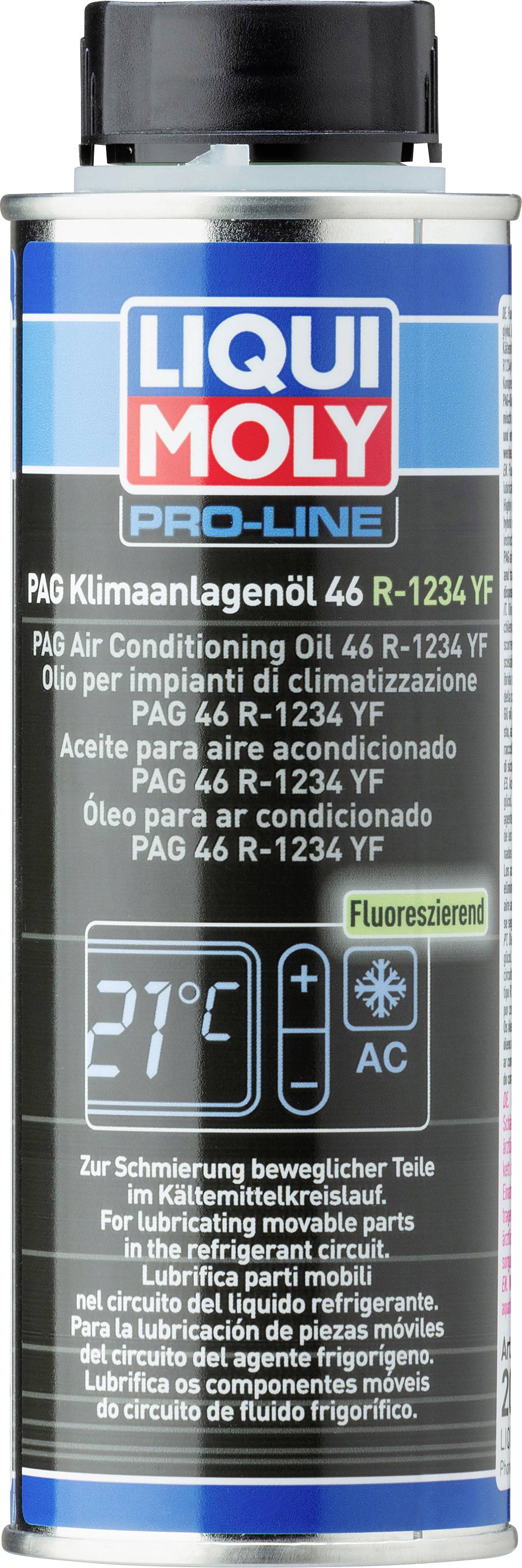 Dose Liqui Moly Pro-Line PAG-Klimaanlagenöl 46 R-1234 YF, geeignet für Klimaanlagen. Aufschrift: '21°C', 'Fluoreszierend'.