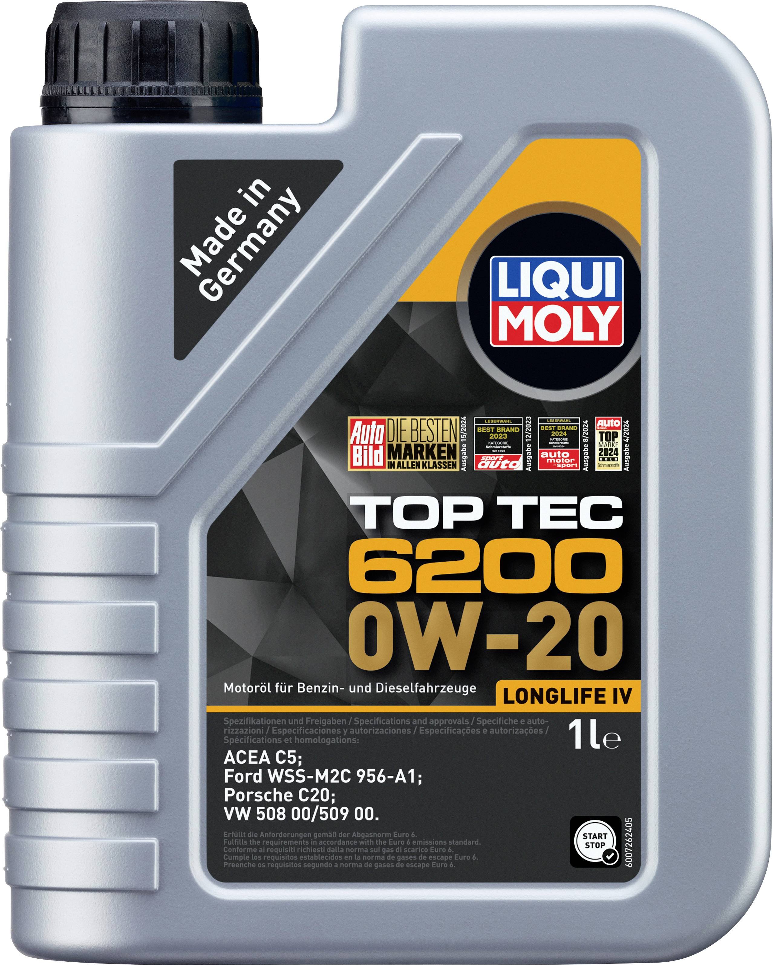 Ein grauer Kanister mit 1 Liter Motoröl 'Liqui Moly Top Tec 6200 0W-20', geeignet für Benzin- und Dieselmotoren. Made in Germany.