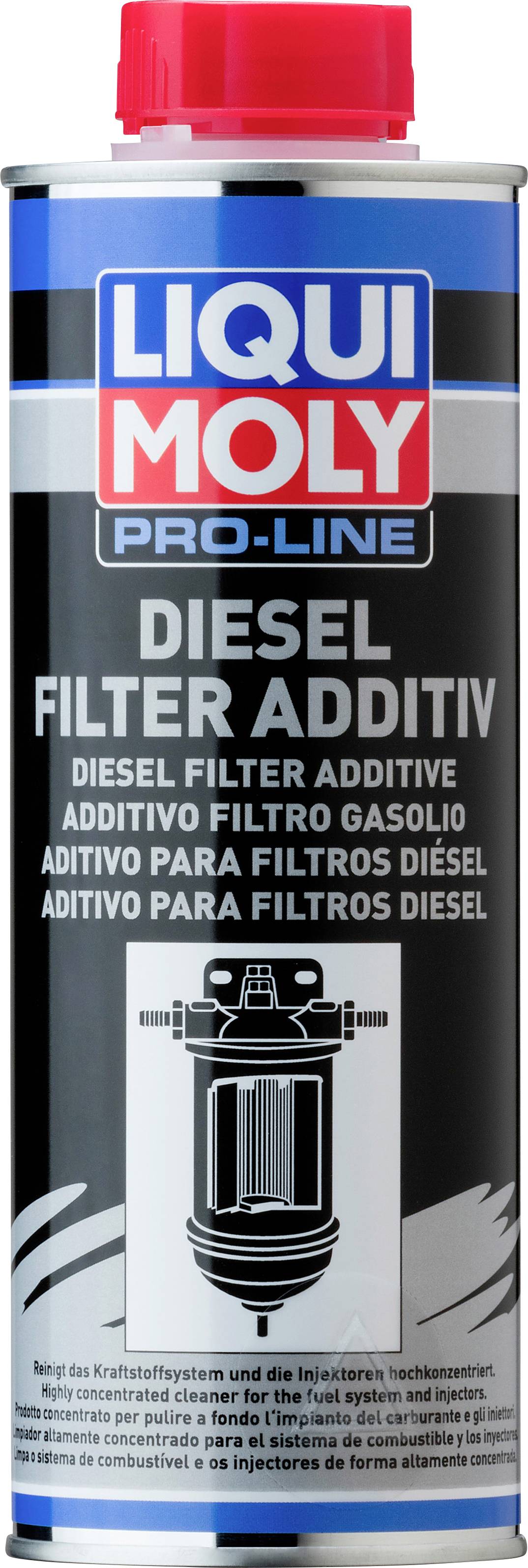 'Diesel Filter Additiv' von Liqui Moly in einer Metallflasche mit rotem Deckel. Enthält Informationen in mehreren Sprachen auf dem Etikett.