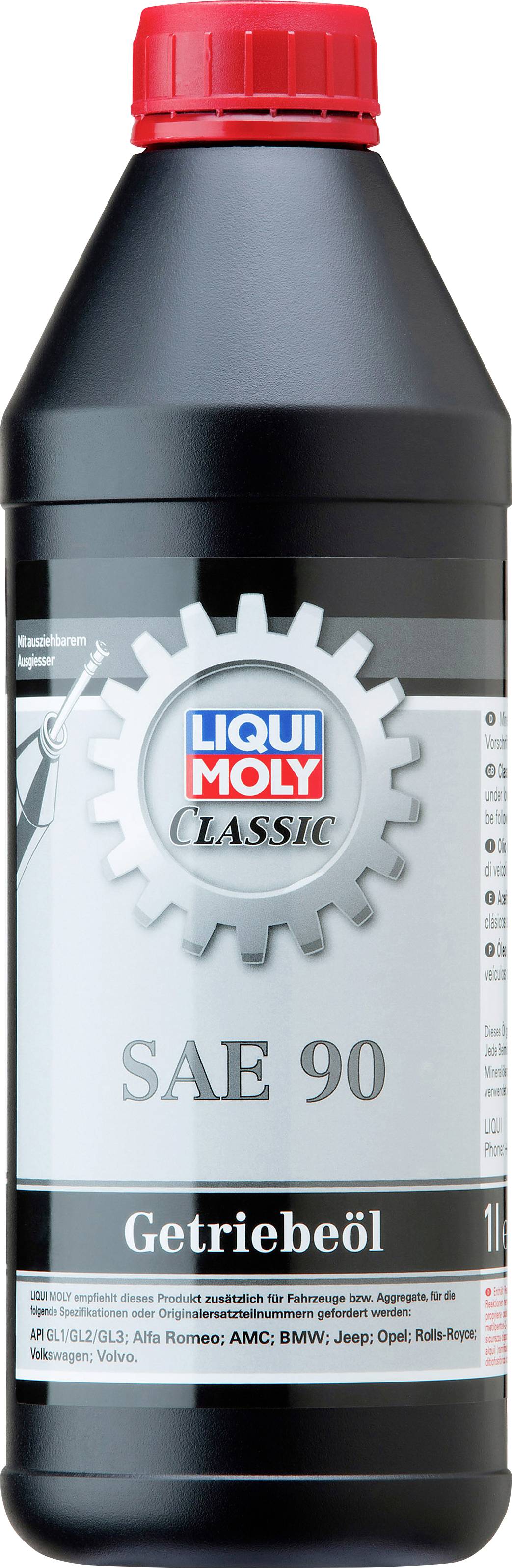 Eine schwarze Flasche mit rotem Deckel, die 'LIQUI MOLY CLASSIC SAE 90 Getriebeöl' zeigt. 1 Liter Inhalt. Geeignet für Oldtimer.