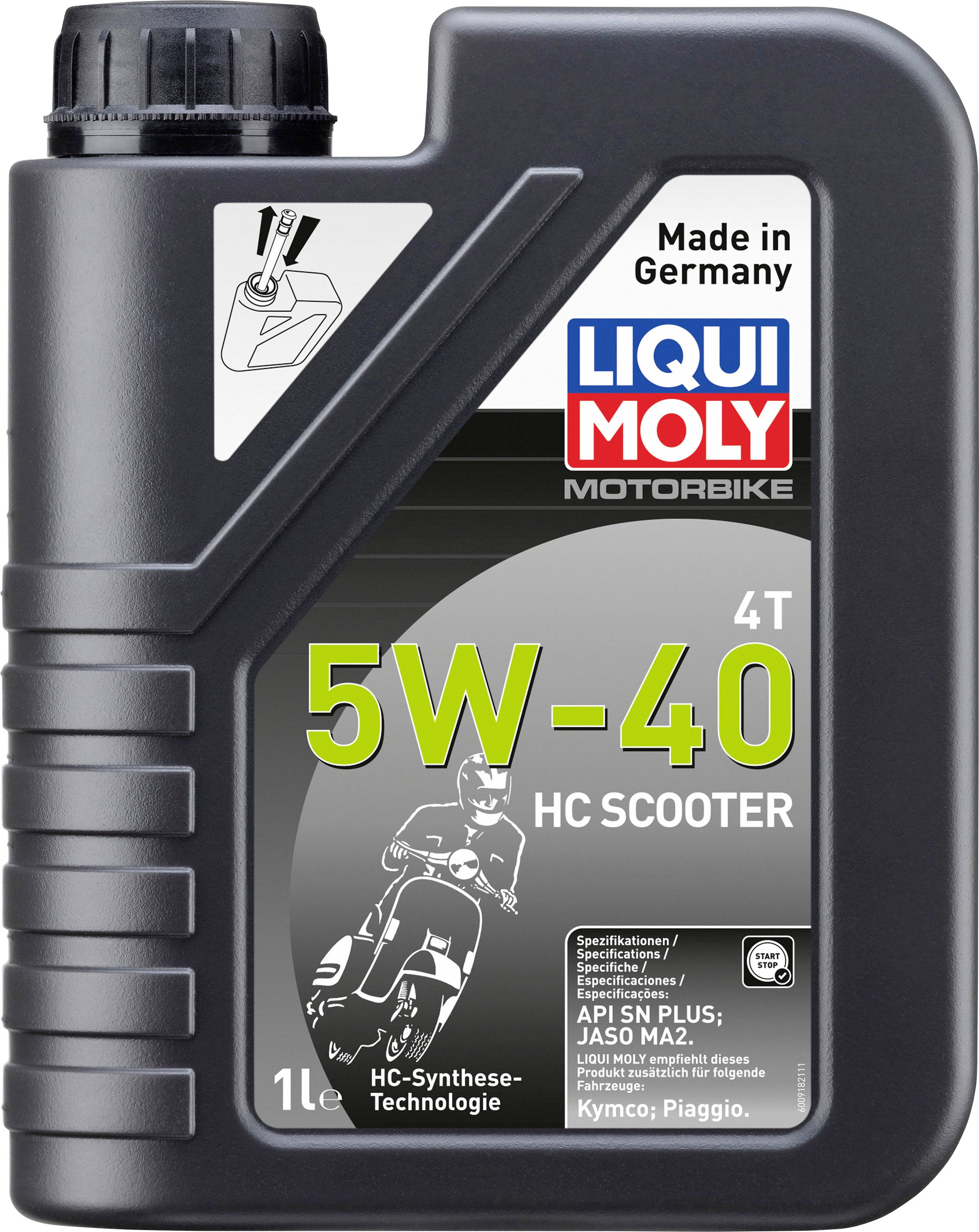Motorrad-Ölkanister mit der Aufschrift 'LIQUI MOLY 5W-40 HC SCOOTER, Made in Germany'. Enthält Spezifikationen und Motordesign.