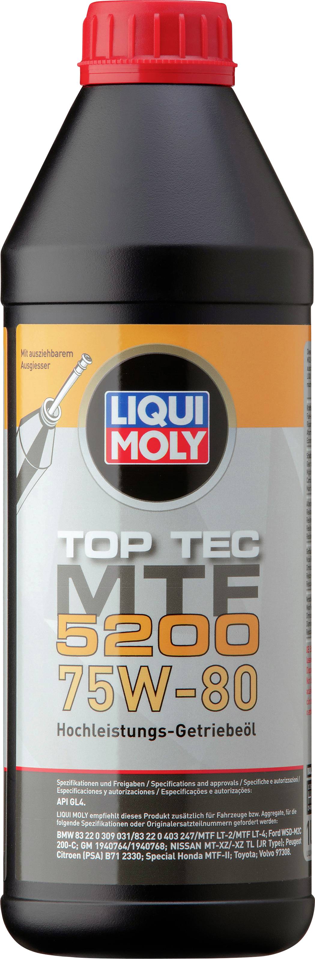 Eine schwarze Ölflasche von Liqui Moly mit rotem Deckel. Auf dem Etikett steht 