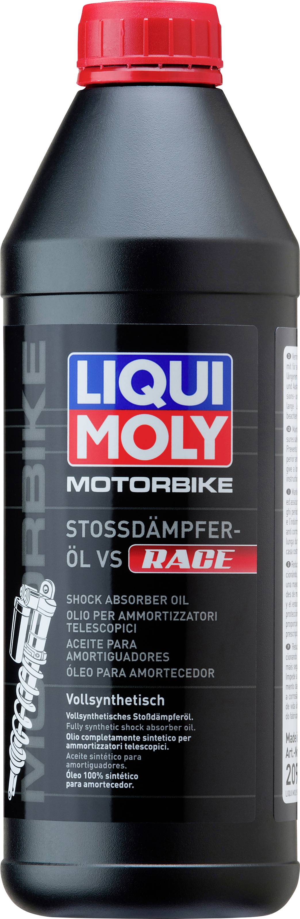 Liqui Moly Motorbike Stoßdämpfer-Öl, rote Kappe, etikettiert in mehreren Sprachen, vollsynthetisches Produkt für Motorräder.