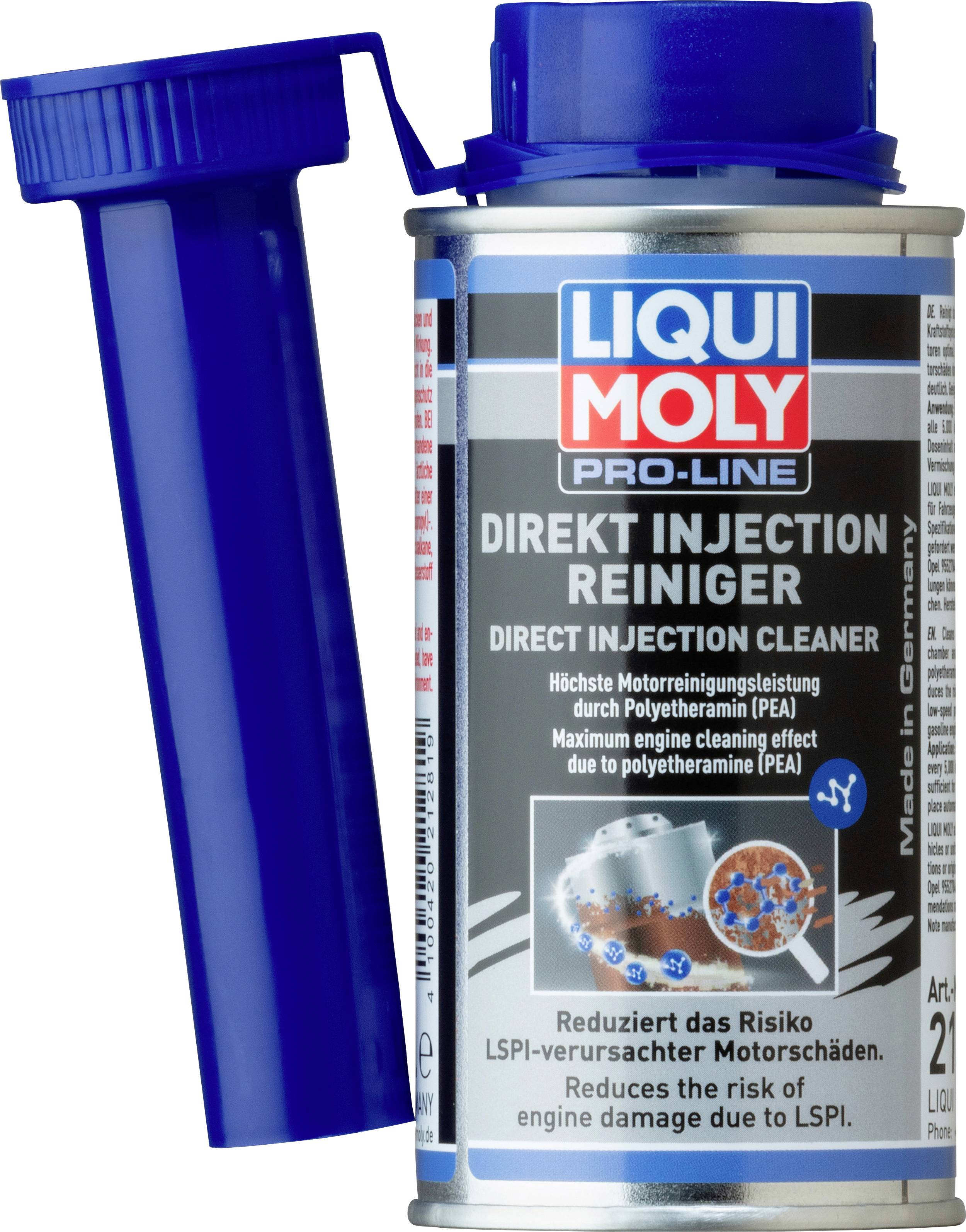Motorreinigerflasche mit blauer Verschluss. Etikett zeigt Markenname, Produktname 'Direkt Injection Reiniger' und Anwendungsbeschreibung.
