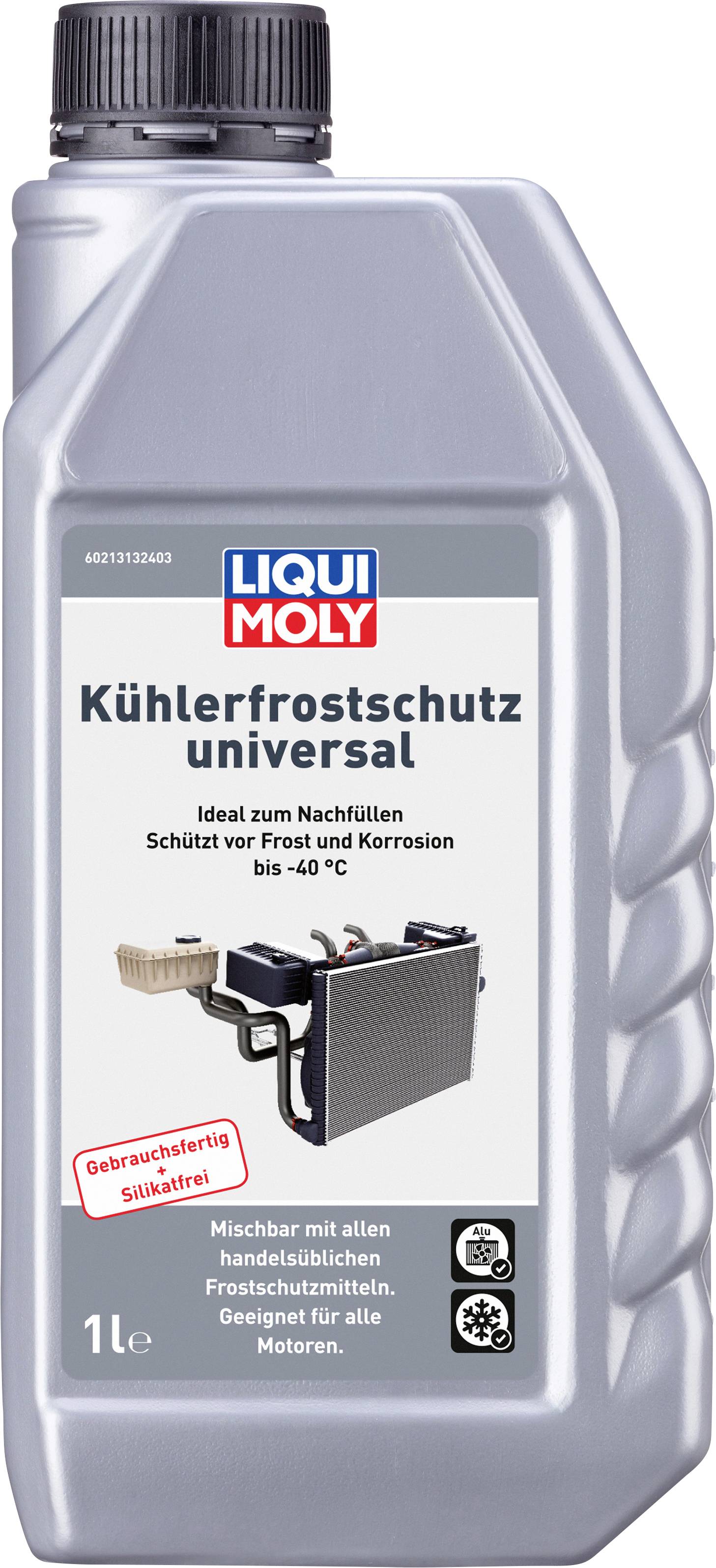 Eine Flasche Liqui Moly Kühlerschutzmittel, 1 Liter. 'Kühlerfrostschutz universal' schützt vor Frost und Korrosion bis -40°C.