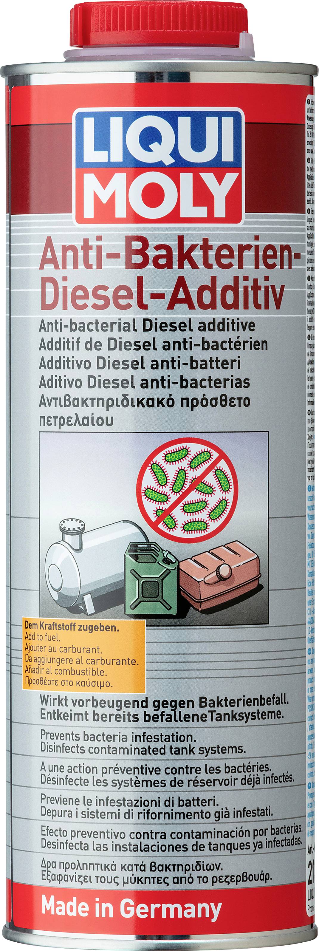 Rote Dose mit der Aufschrift 'Liqui Moly Anti-Bakterien-Diesel-Additiv'. Enthält ein Bild eines Motors und eines Filters. Made in Germany.