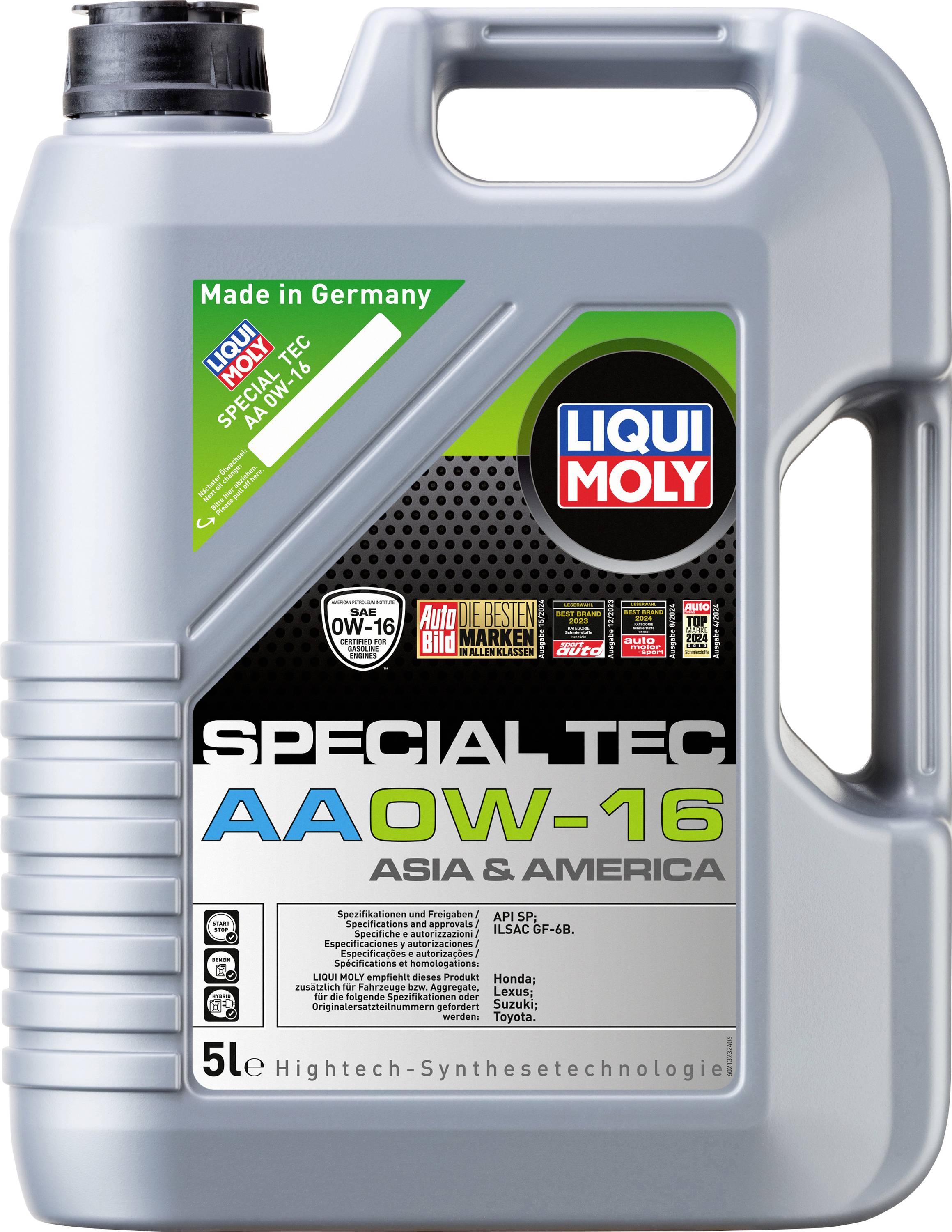 Ein 5-Liter-Kanister Motoröl von Liqui Moly, Special Tec AA OW-16, geeignet für asiatische und amerikanische Fahrzeuge, made in Germany.