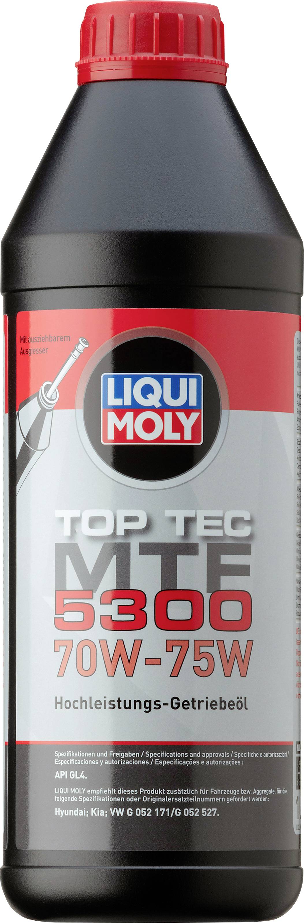 Eine Flasche Liqui Moly Top Tec MTF 5300 Getriebeöl, 70W-75W, geeignet für bestimmte Modelle. Schwarze Flasche mit rotem Deckel.
