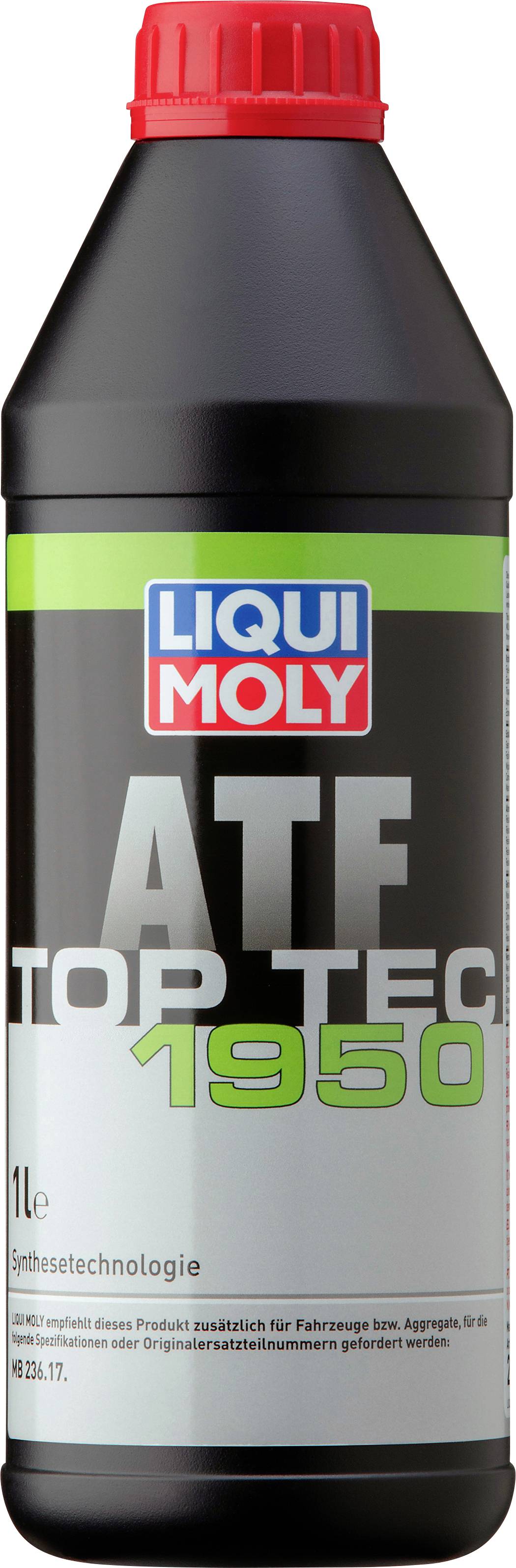 Schwarze Flasche mit rotem Deckel. Etikett zeigt 'Liqui Moly ATF Top Tec 1950 1L'. Enthält Automatikgetriebeöl für Fahrzeuge.