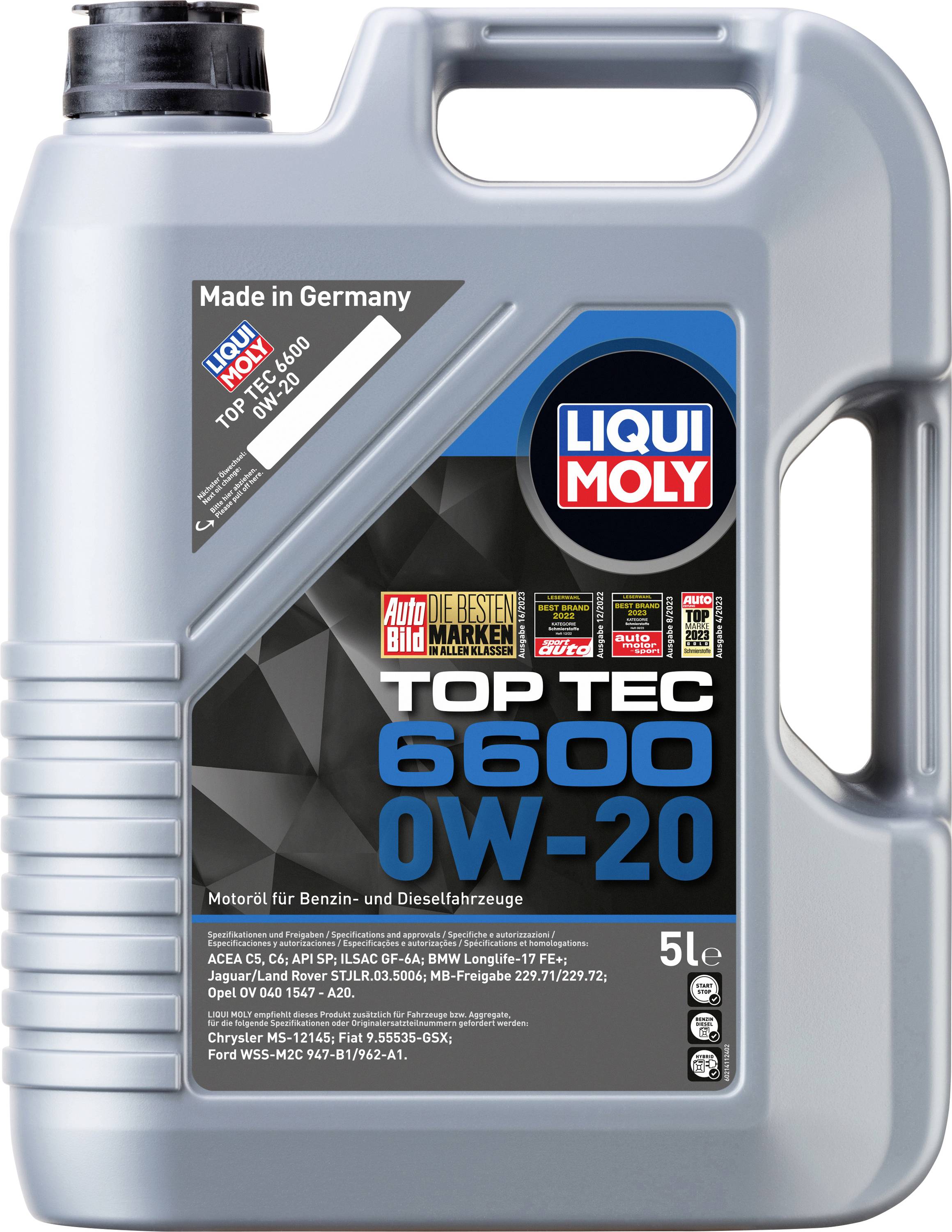Ein grauer 5-Liter-Kanister mit 'Liqui Moly Top Tec 6600 0W-20' Motoröl, geeignet für Benzin- und Dieselfahrzeuge. Made in Germany.