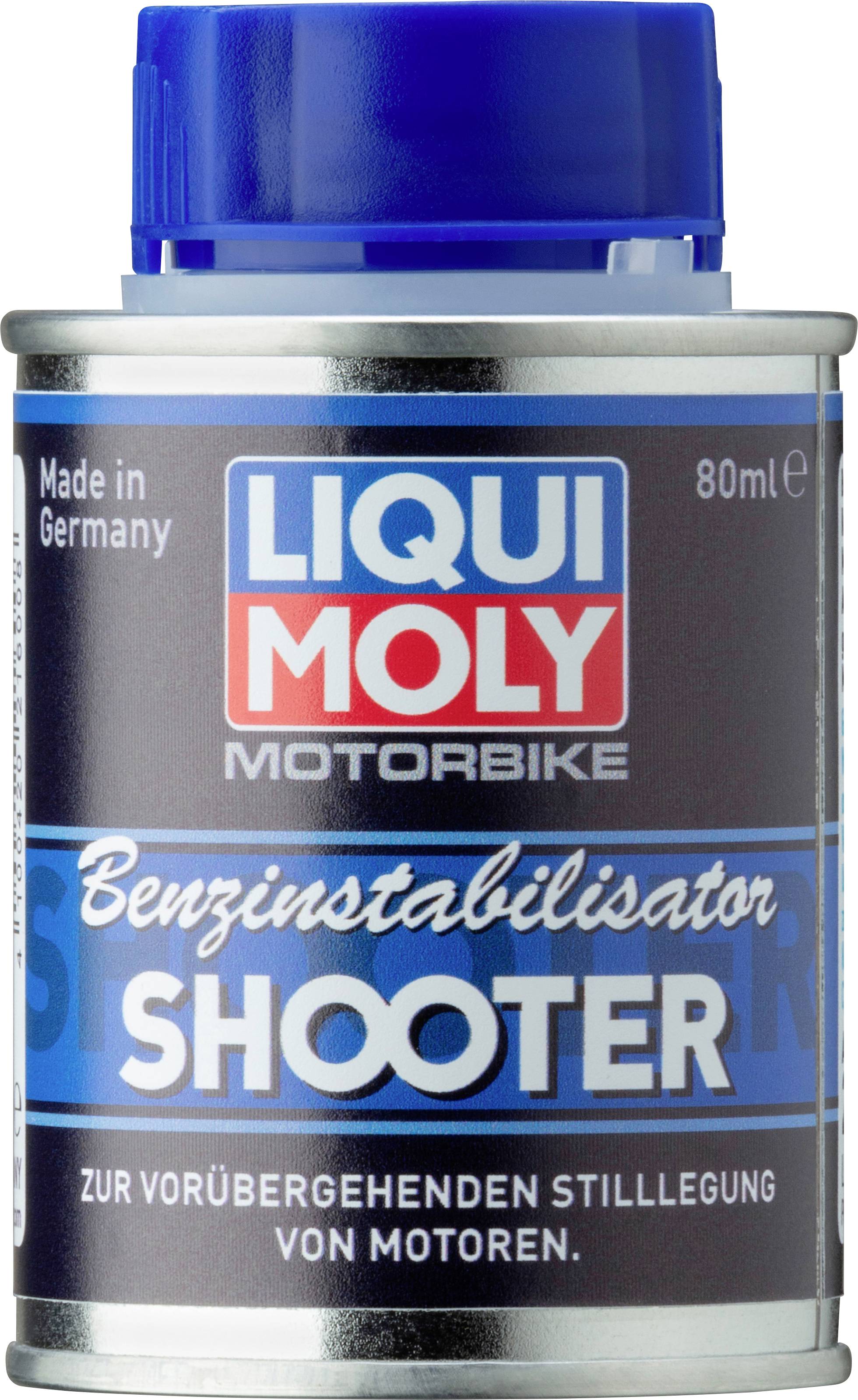 Eine Dose Liqui Moly Benzinstabilisator Shooter für Motorräder, 80 ml, zur Konservierung von Kraftstoff bei längerer Stilllegung.