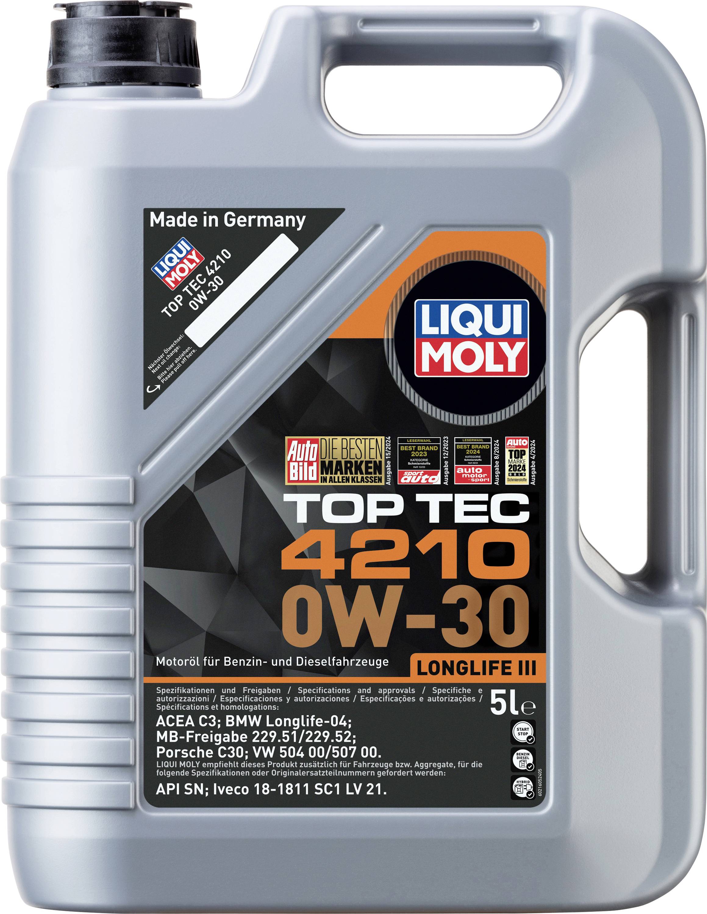 Kanister mit 5 Litern Liqui Moly Motoröl, 'TOP TEC 4210 0W-30', geeignet für Benzin- und Dieselfahrzeuge. Made in Germany.