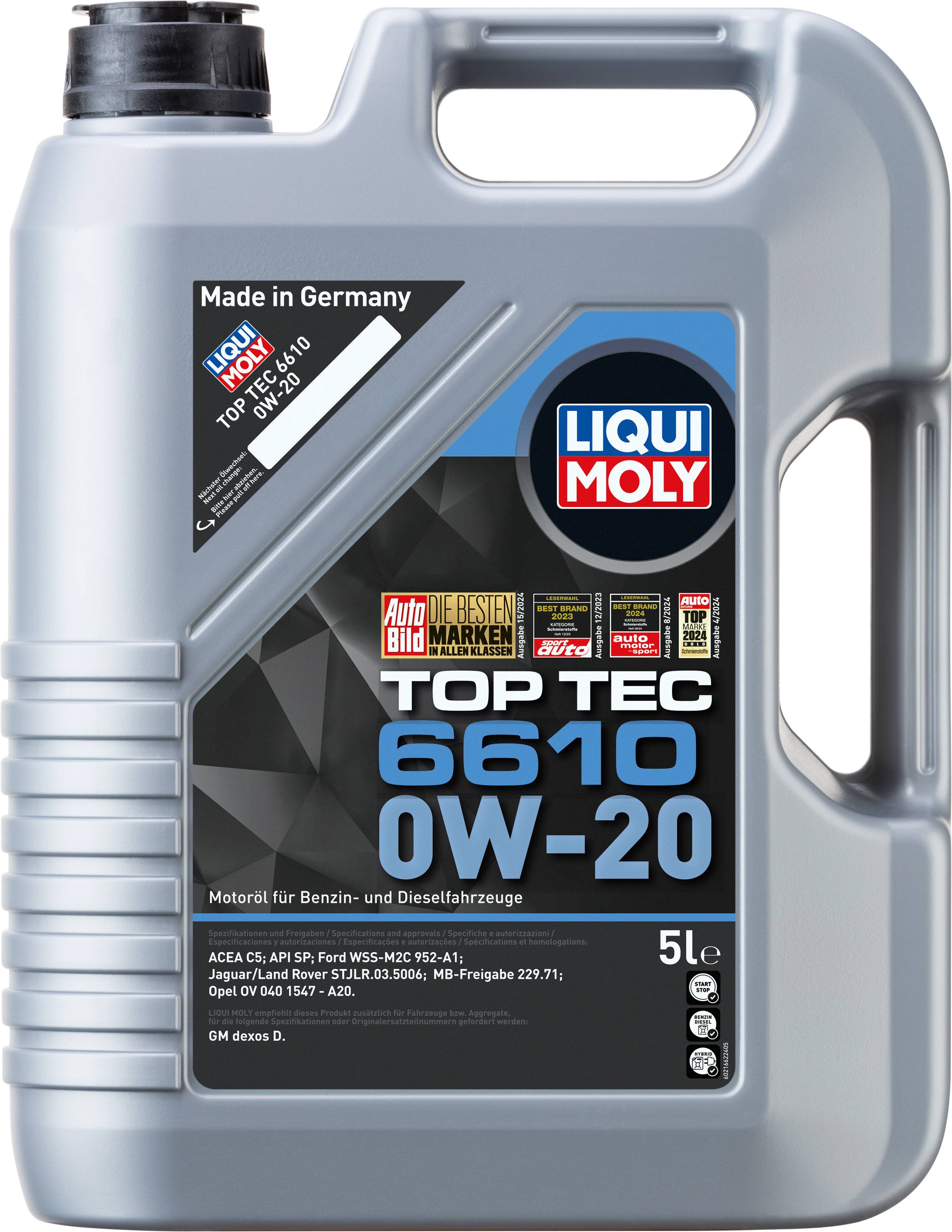 Motorölkanister Liqui Moly Top Tec 6610 0W-20, 5 Liter; geeignet für Benzin- und Dieselfahrzeuge, Made in Germany.