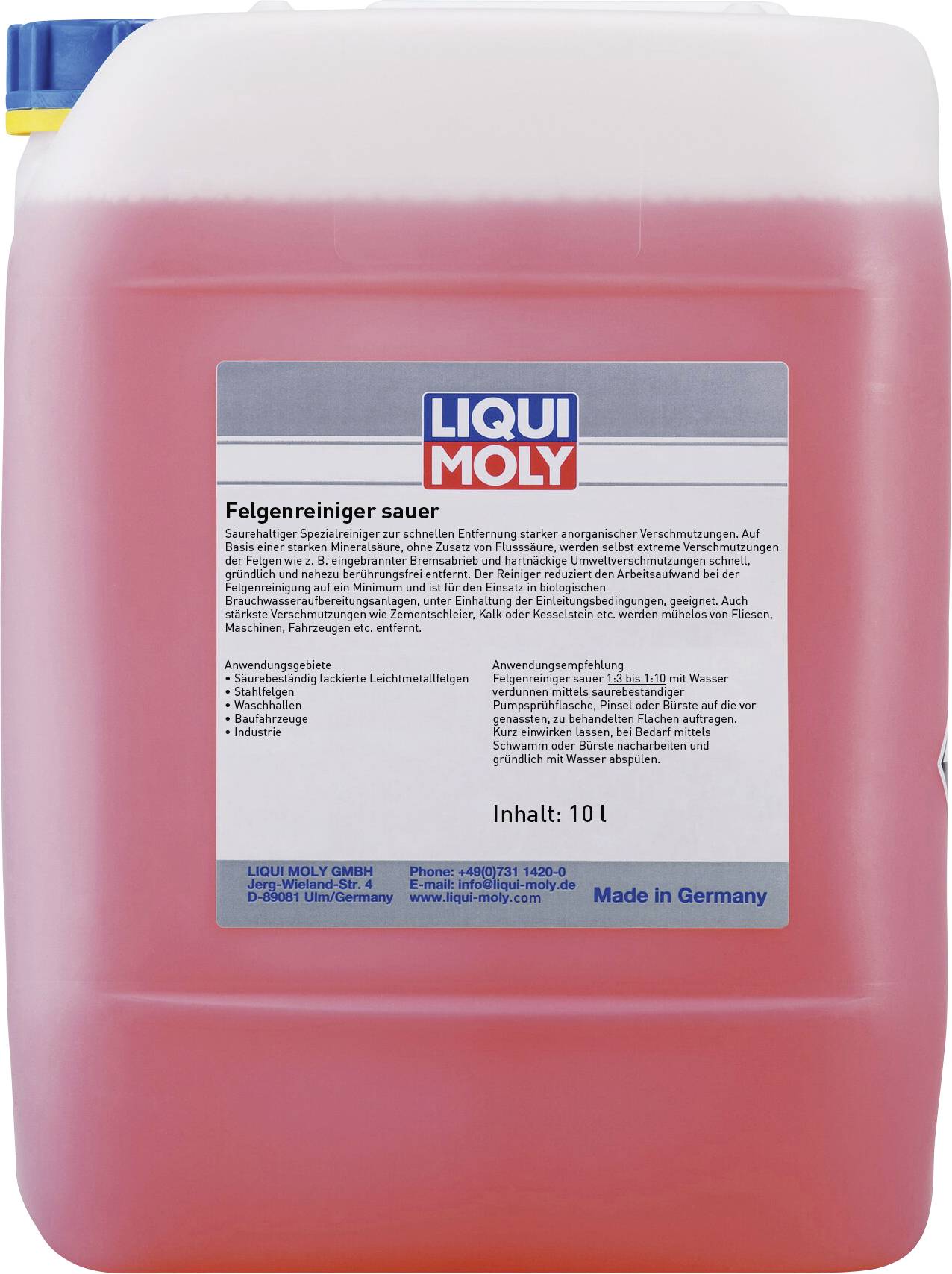 Ein 10-Liter-Kanister mit saurem Felgenreiniger von LIQUI MOLY. Das Etikett enthält Anwendungshinweise und Sicherheitshinweise auf Deutsch.
