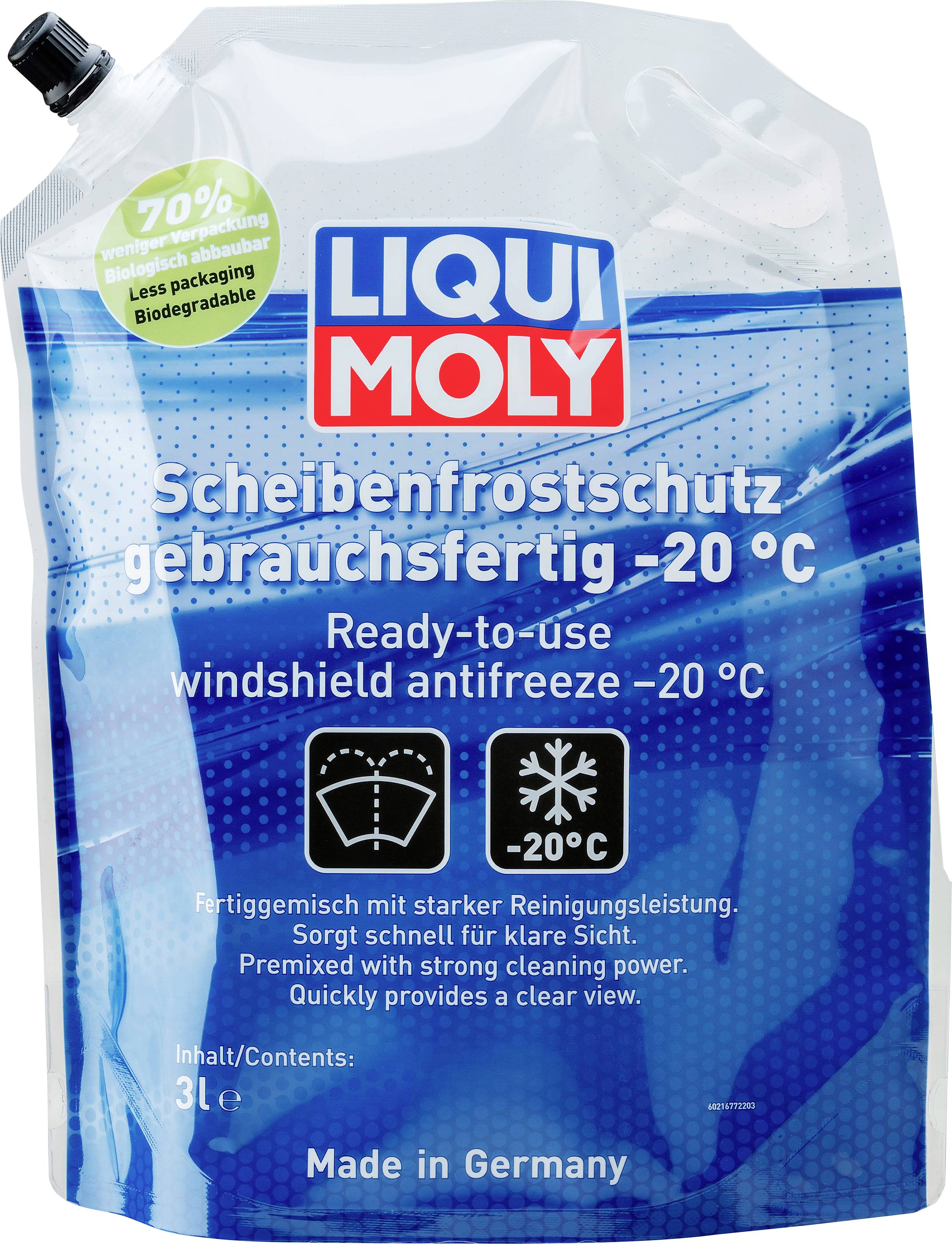 Beutel mit 'Liqui Moly Scheibenfrostschutz', einsatzbereit bis -20 °C. Markierungen für Umweltfreundlichkeit und 3 Liter Inhalt.