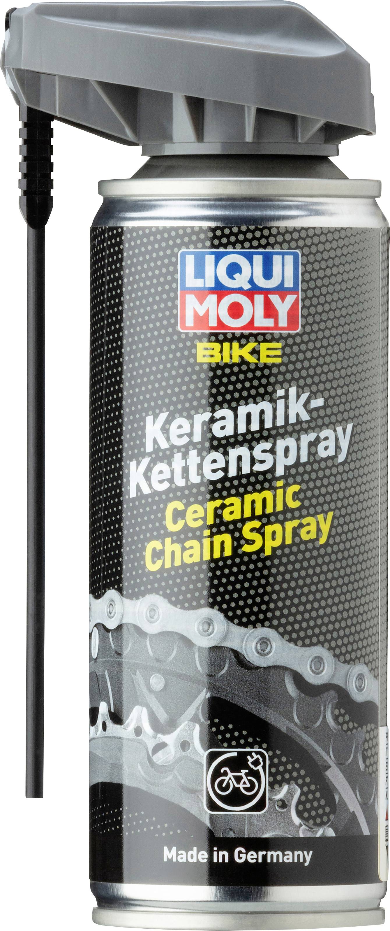 Sprühdose 'Liqui Moly Keramik-Kettenspray', benutzt zur Schmierung von Fahrradketten. Graue Dose mit schwarzem und gelbem Text.