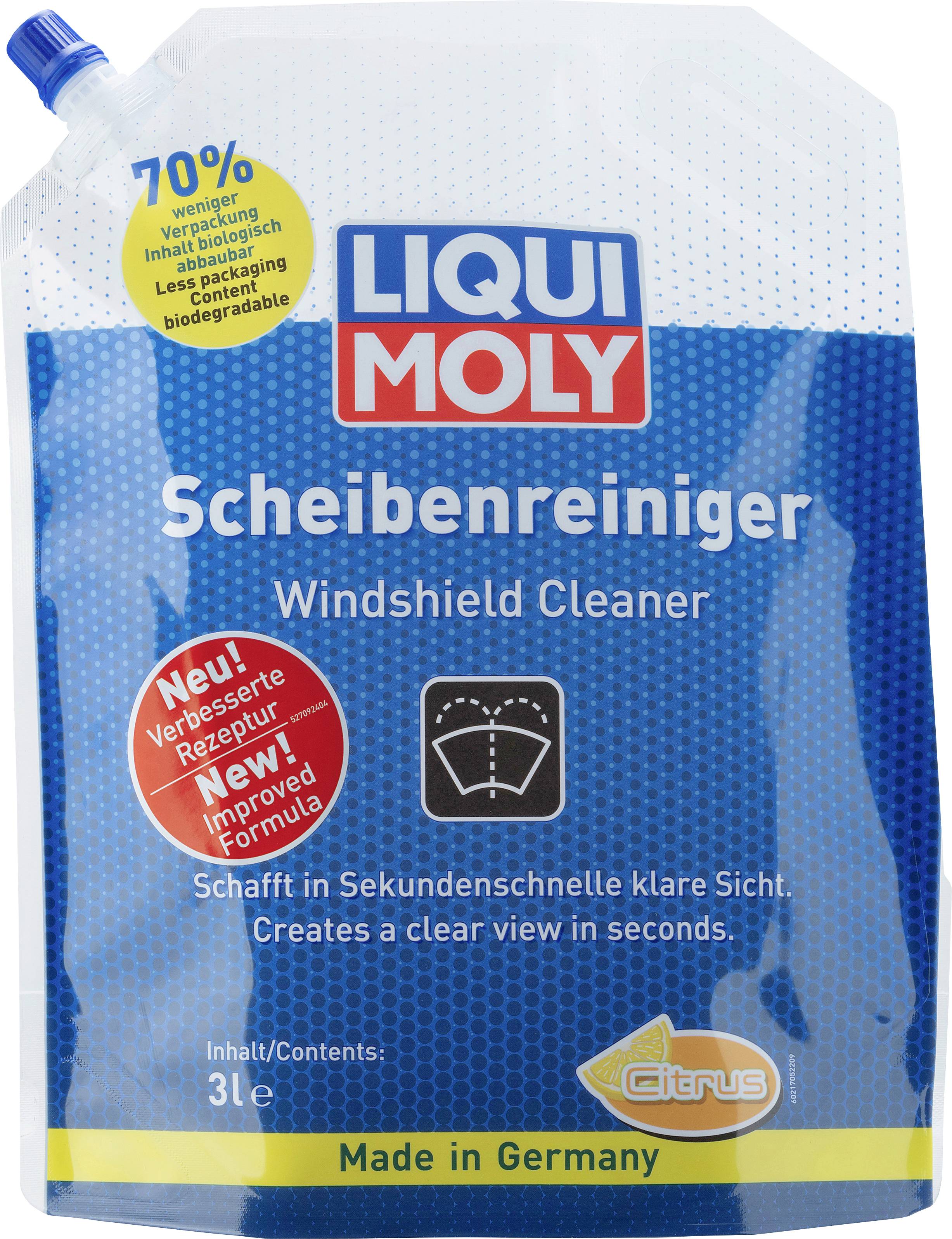 'LIQUI MOLY Scheibenreiniger' im 3L-Beutel. Reinigt Windschutzscheiben schnell und klar, mit Zitrusduft. Hergestellt in Deutschland.