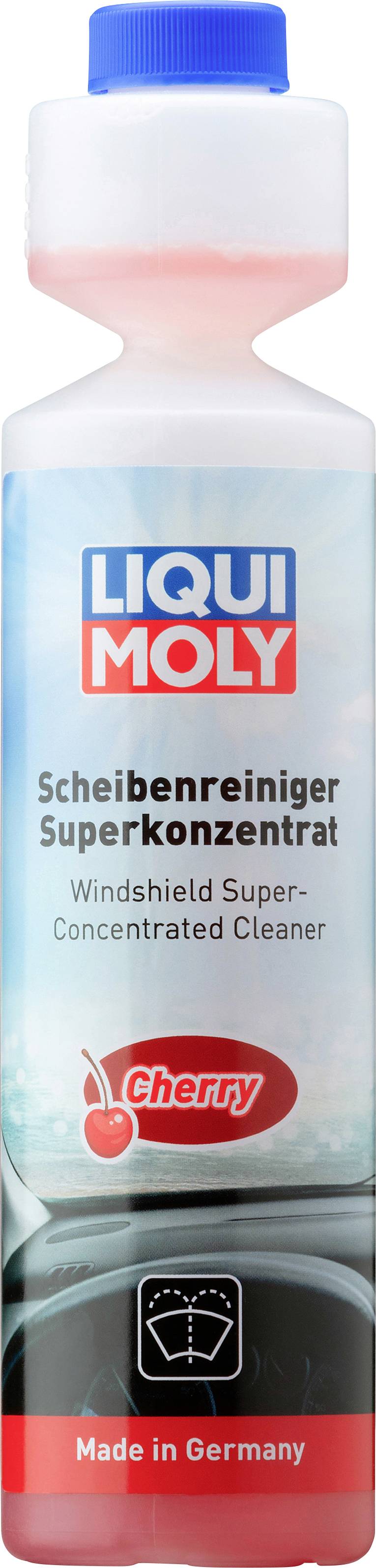 Flasche mit der Aufschrift 'LIQUI MOLY Scheibenreiniger Superkonzentrat Cherry'. Darunter sind Kirschgrafik und das Symbol eines sauberen Autofensters zu sehen. Made in Germany.