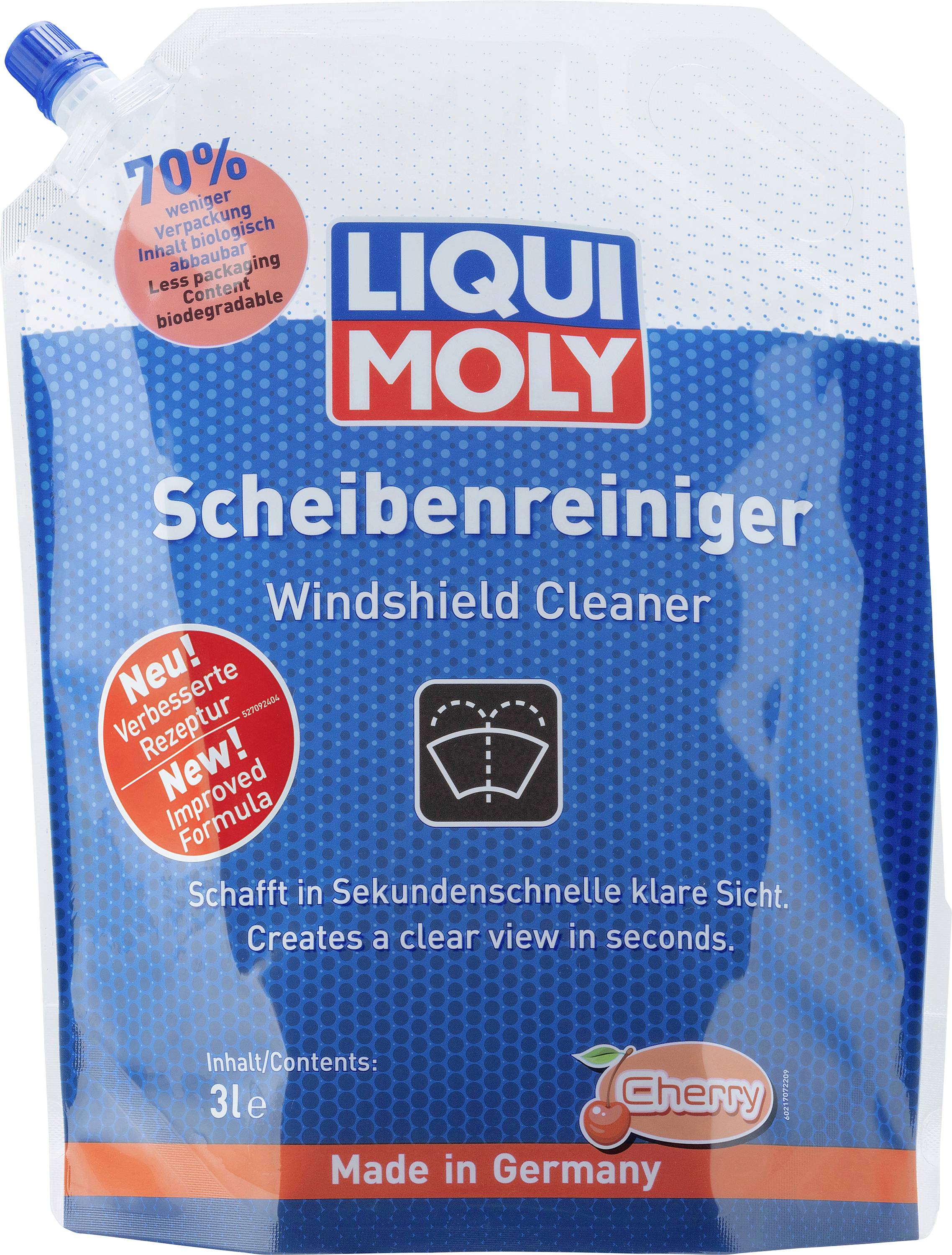 Scheibenreiniger-Verpackung mit 3 Litern Inhalt. Markenname 'Liqui Moly', aufgedruckt: 'Schafft in Sekundenschnelle klare Sicht'. Made in Germany.