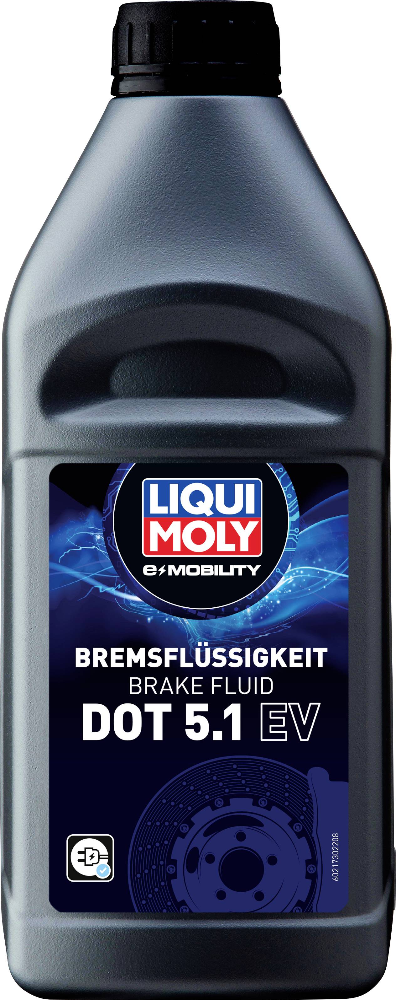 Plastikflasche mit 'LIQUI MOLY' Bremsflüssigkeit DOT 5.1 EV, für Elektrofahrzeuge.