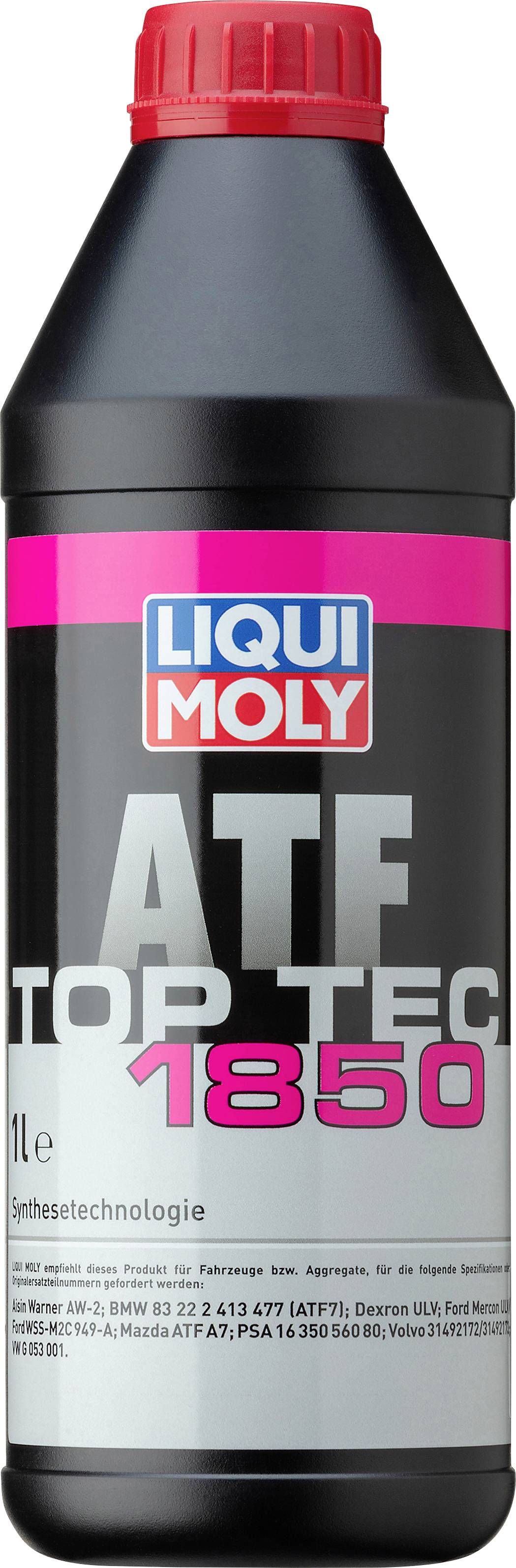 Flasche Liqui Moly ATF Top Tec 1850, 1 Liter, Synthesetechnologie. Etikett zeigt Produktname, Volumen und technische Details.
