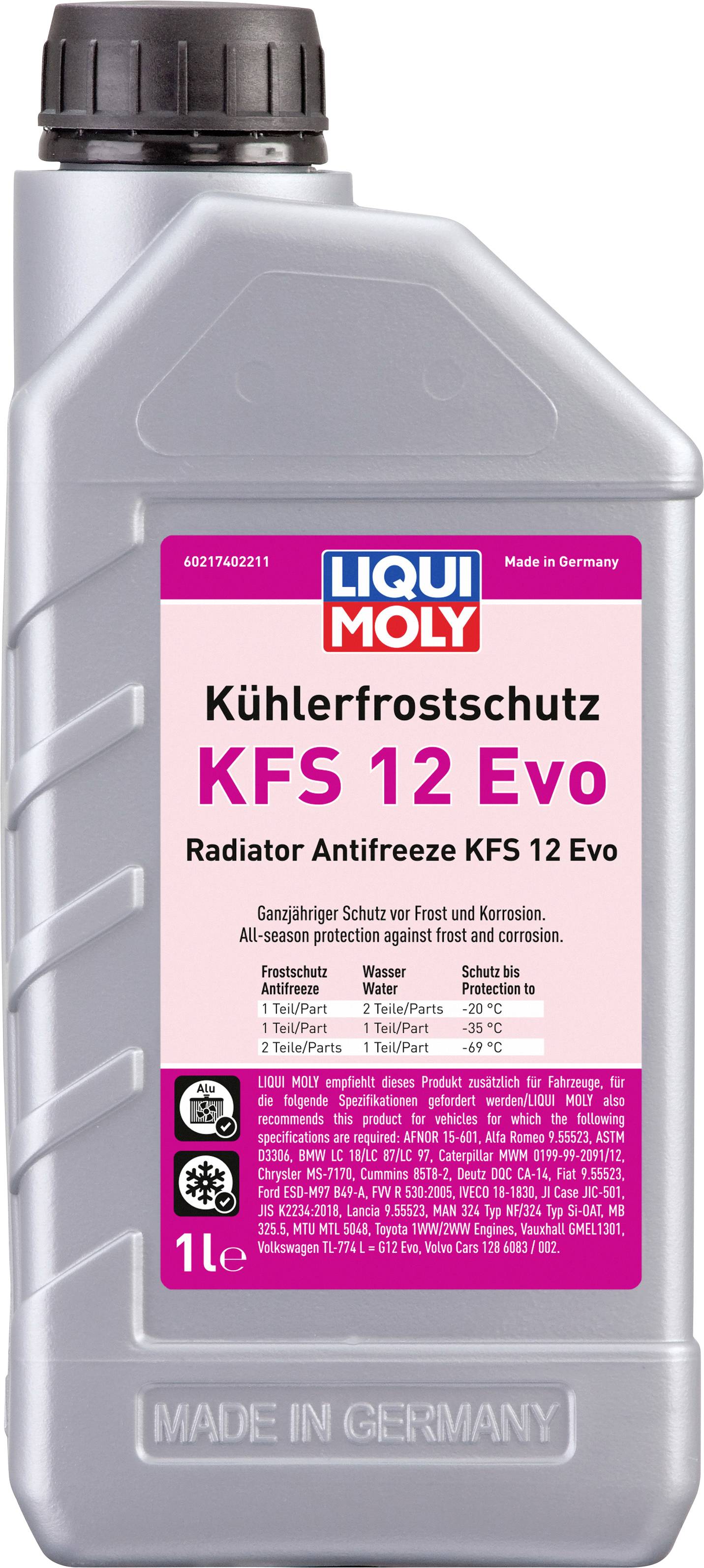 'LIQUI MOLY Kühlfrostschutz KFS 12 Evo' in grauer 1-Liter-Flasche. Bietet Schutz gegen Frost und Korrosion. Geeignet für alle Motoren.