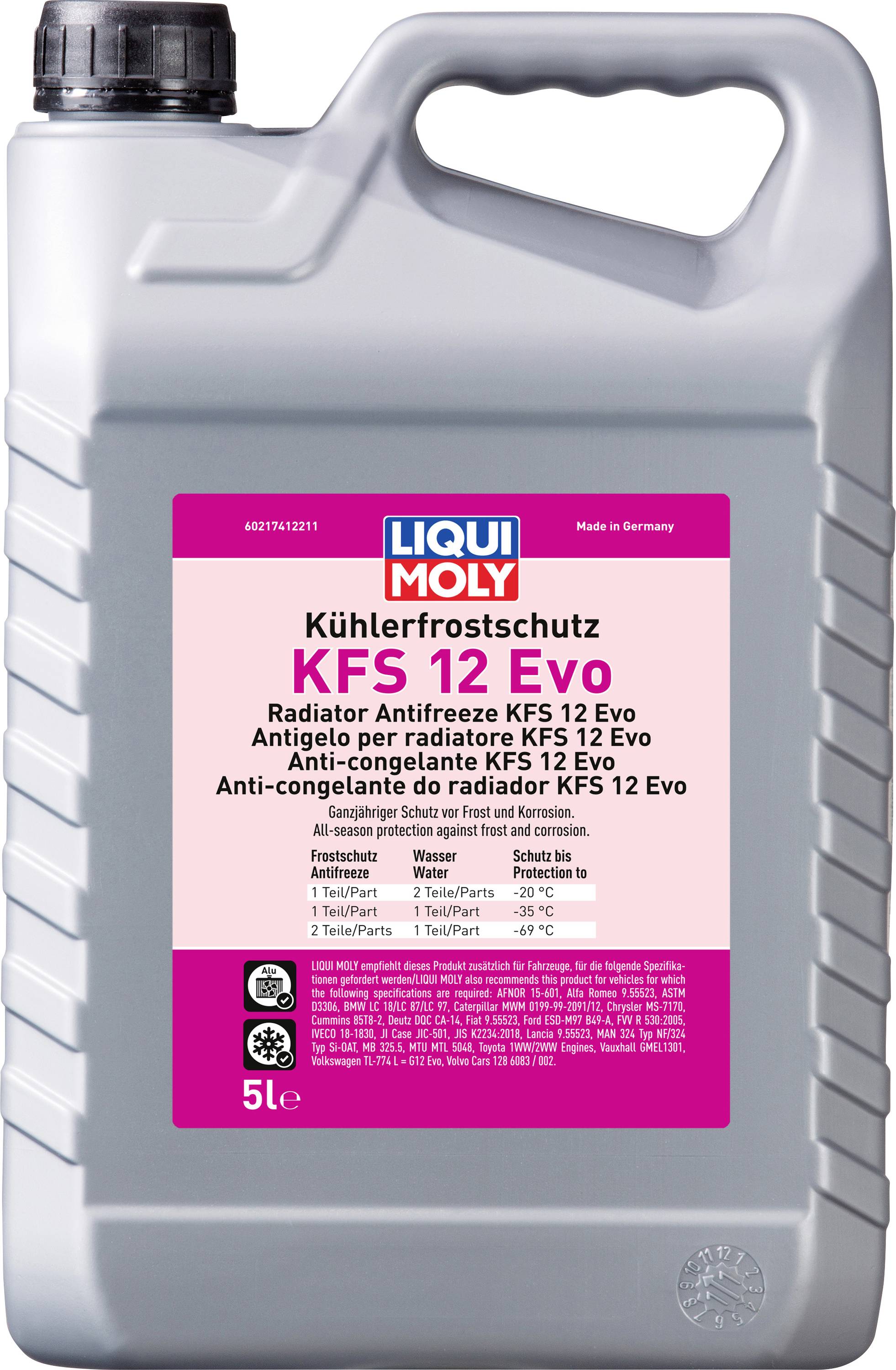 Ein 5-Liter-Kanister Kühlflüssigkeit von Liqui Moly, genannt 'Kühlerfrostschutz KFS 12 Evo', für Kfz-Kühlsysteme.