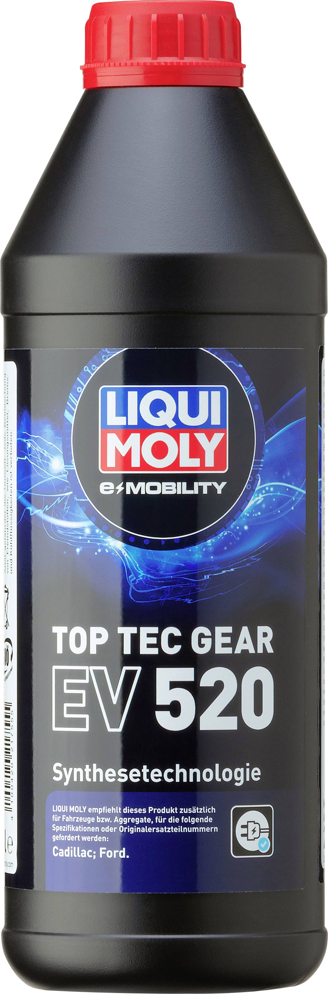 Schwarze Flasche mit rotem Verschluss. Aufschrift 'Liqui Moly Top Tec Gear EV 520, Synthesetechnologie'.